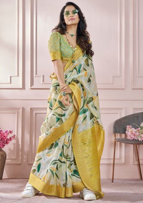 Mustard Soft Silk Saree With Printed