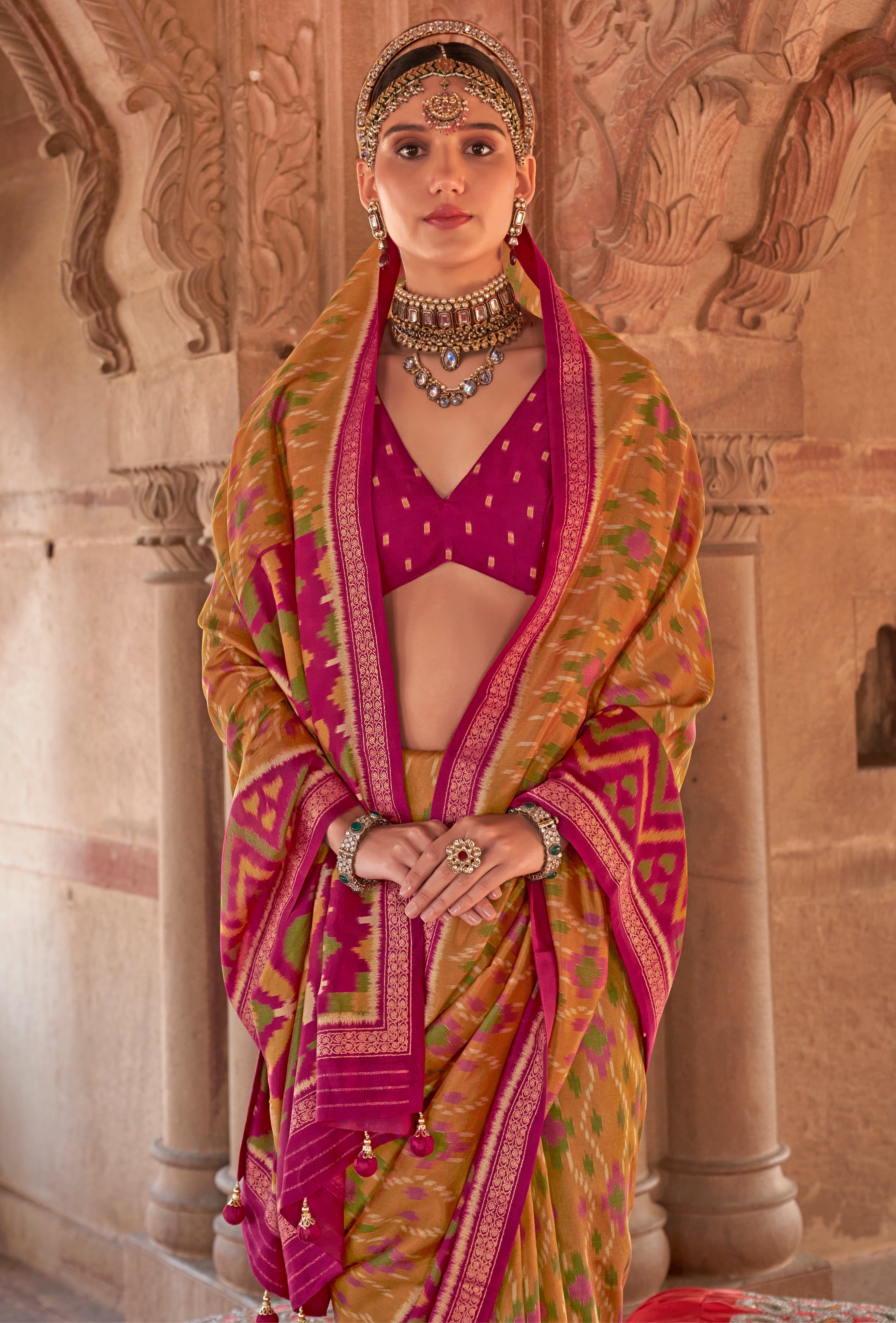 Mustard Super Georgette Saree With Patola Print