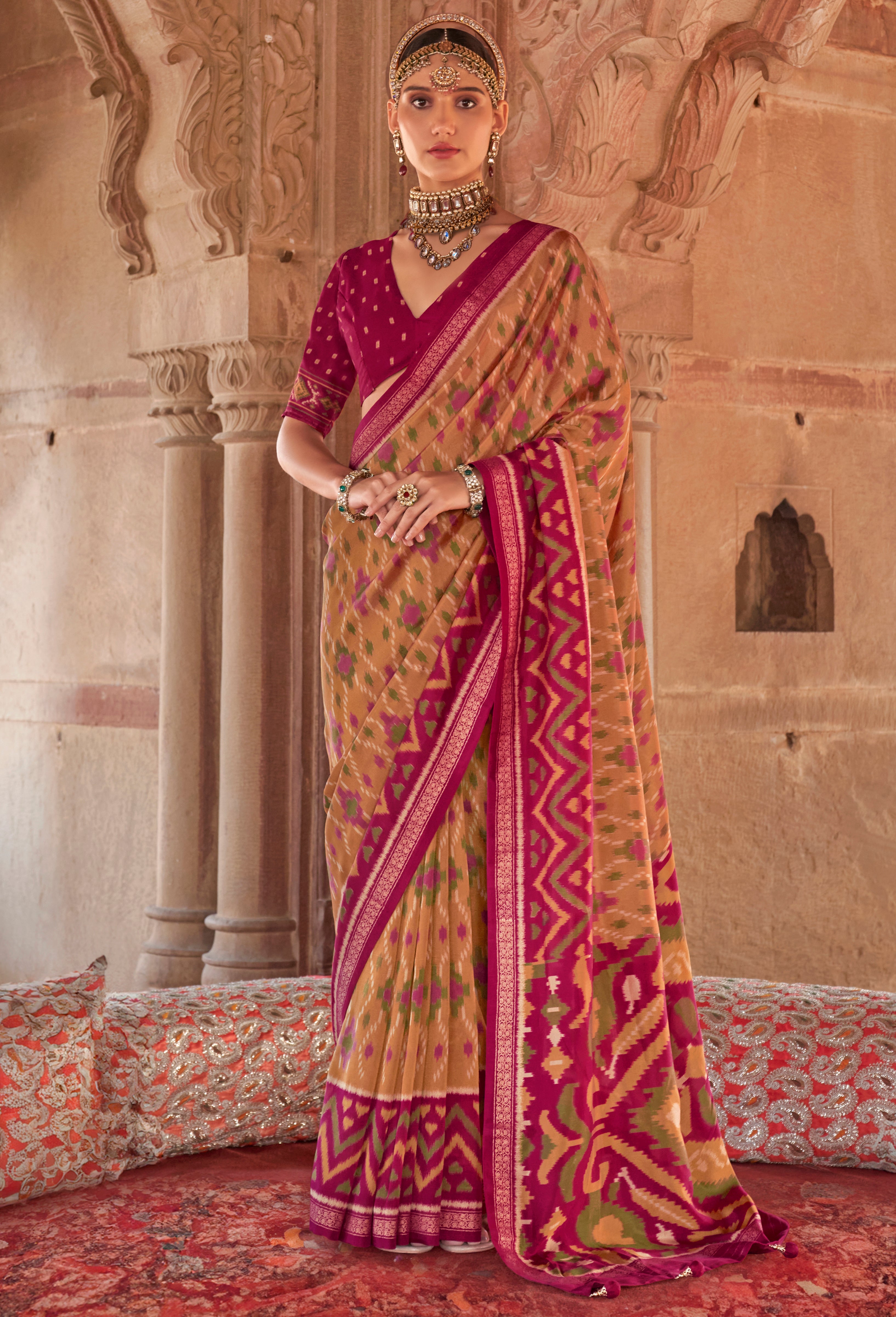 Mustard Super Georgette Saree With Patola Print