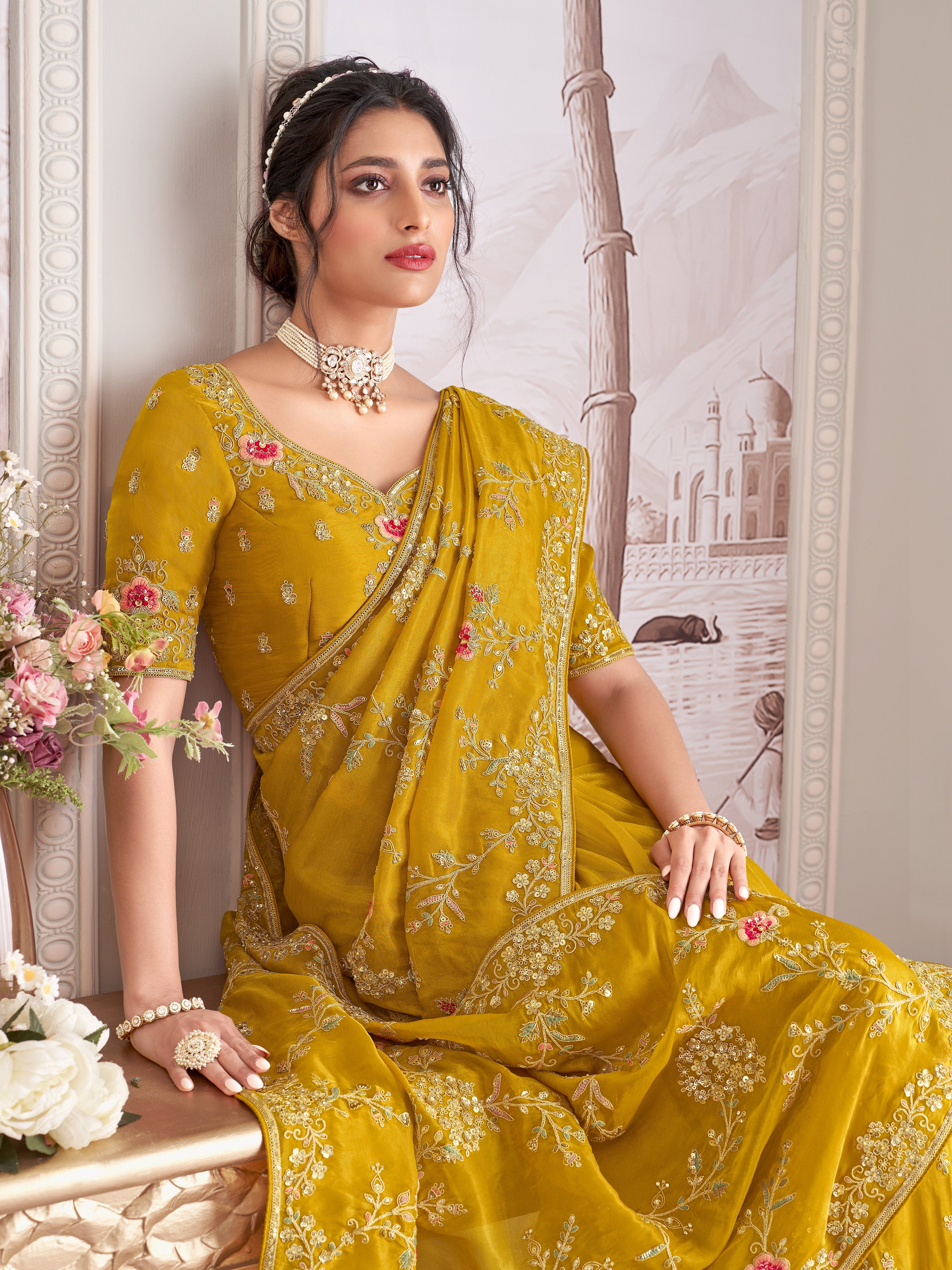 Mustard Tissue Saree With Heavy Thread Embroidery, Zari and Sequins Work