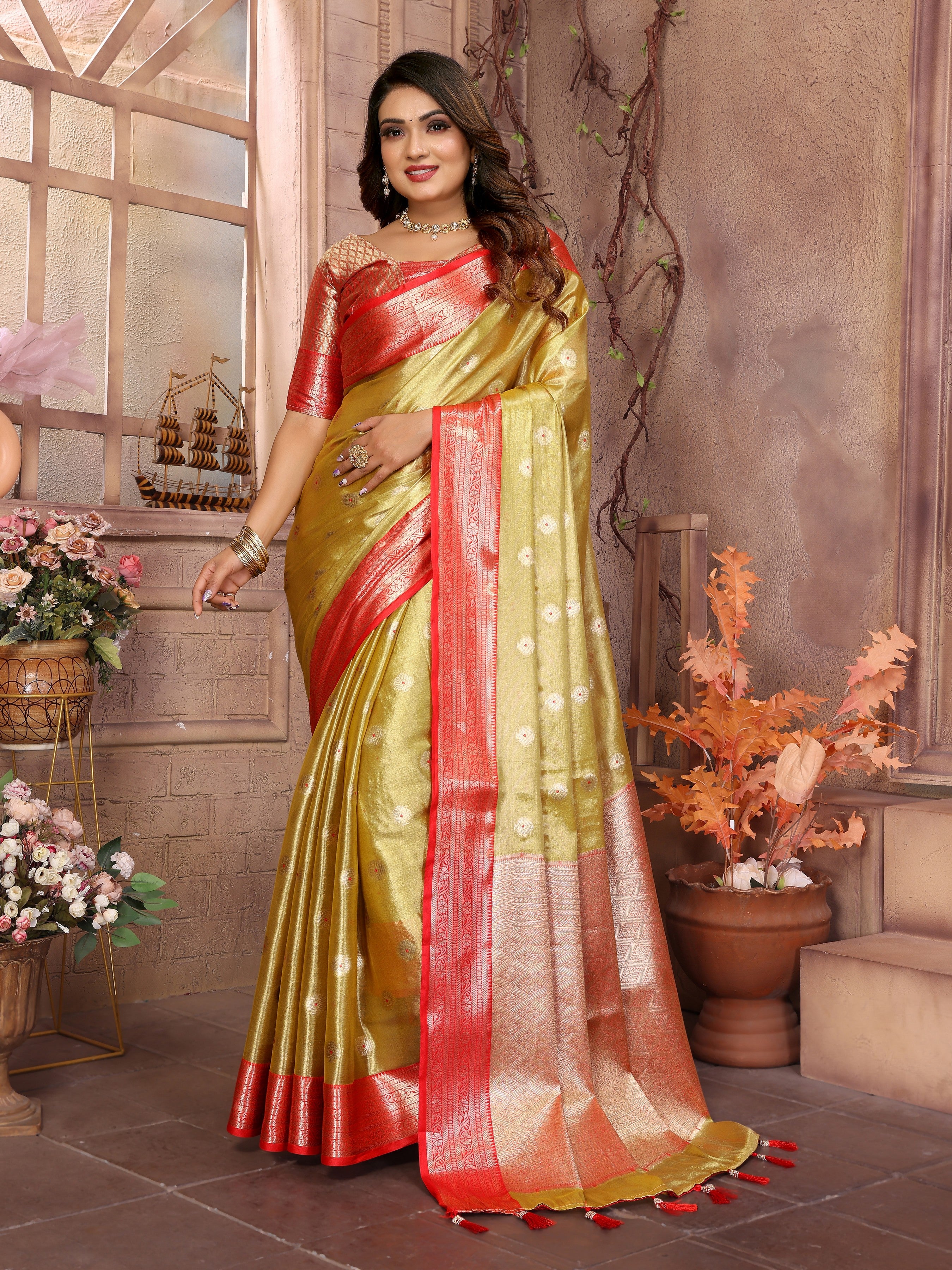 Mustard Tissue Silk Ethnic Saree With Woven Handloom Designer