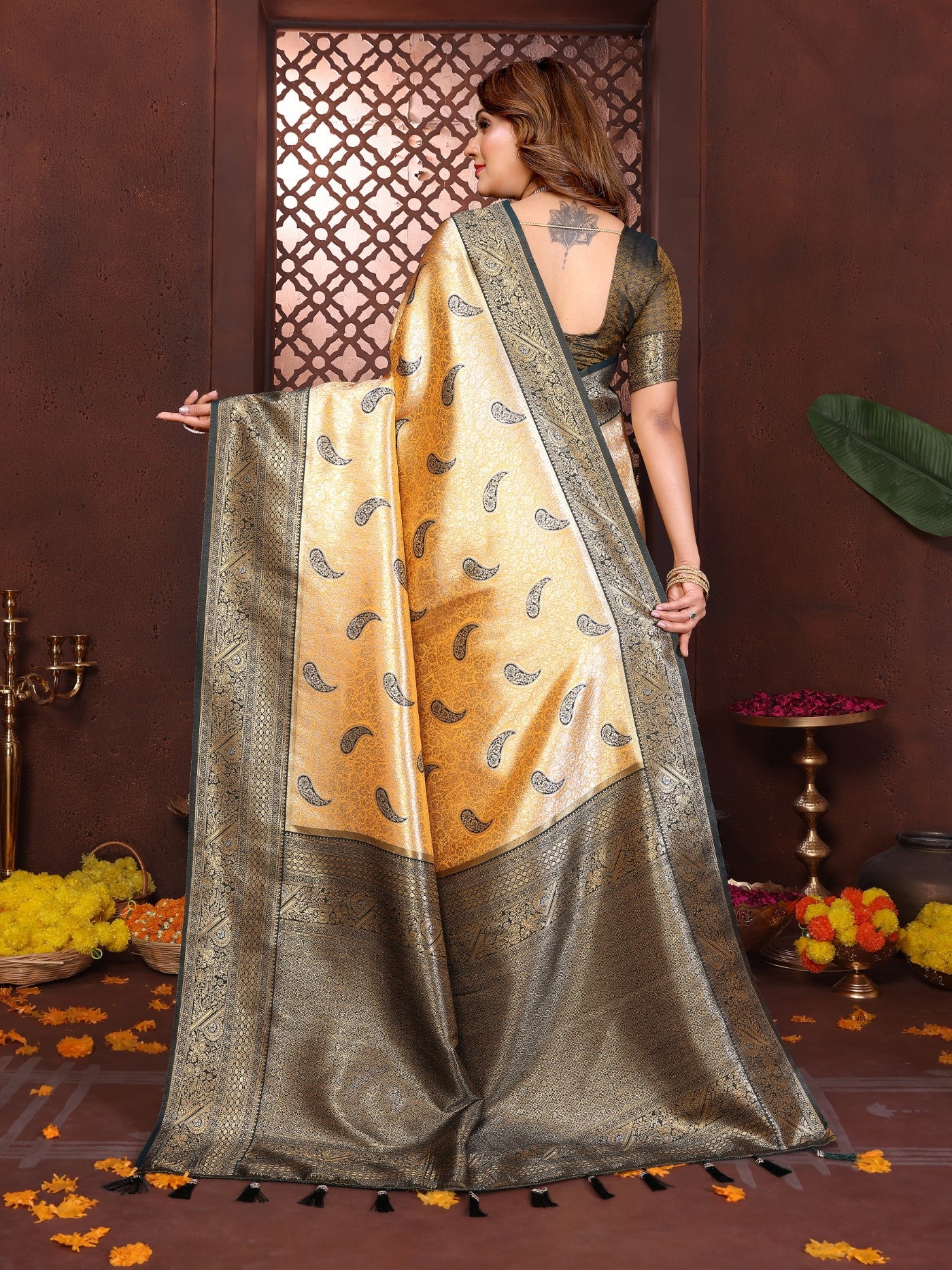 Mustard Tissue Silk Saree With Traditional Weaving
