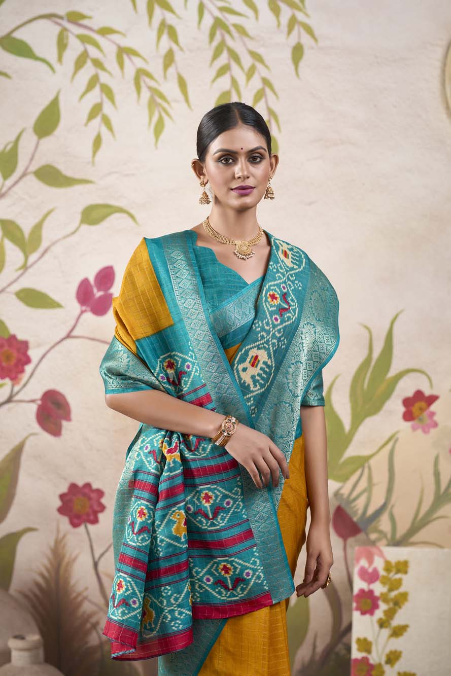 Mustard Tussar Chex Saree with Patola Print & Weaving Border