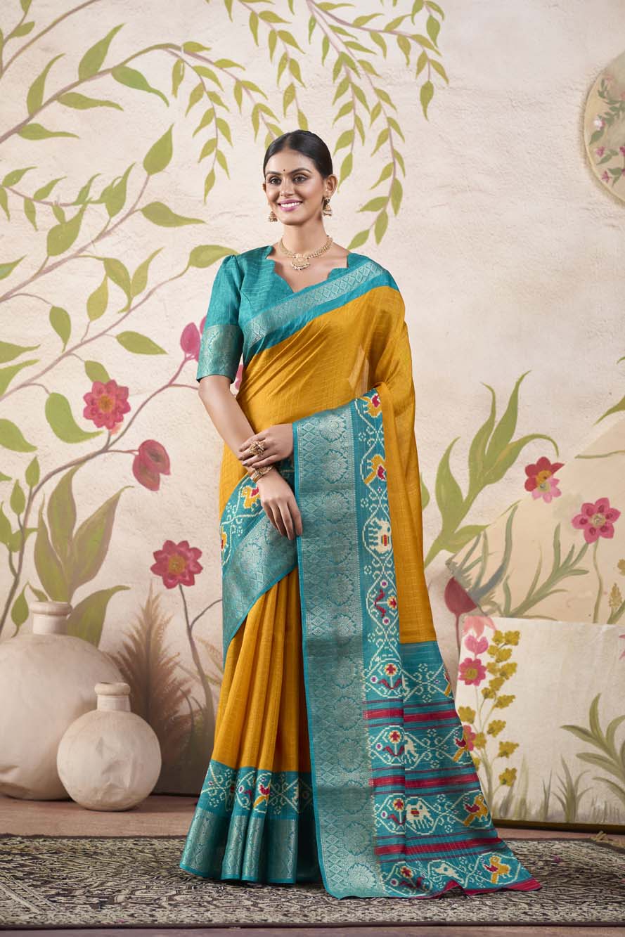 Mustard Tussar Chex Saree with Patola Print & Weaving Border