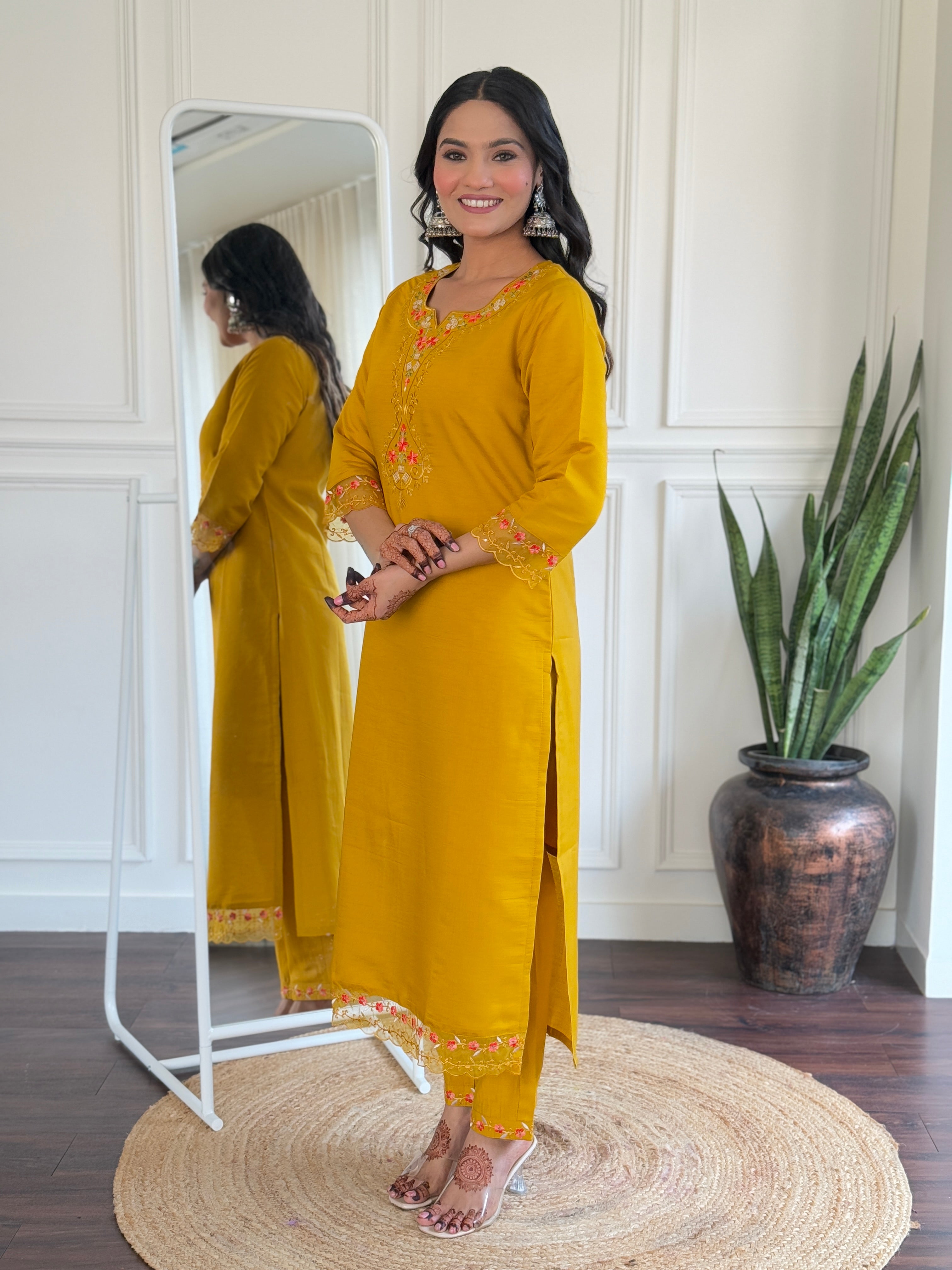 Mustard Viscose Chanderi Kurta Pant Set With Embroidery Work