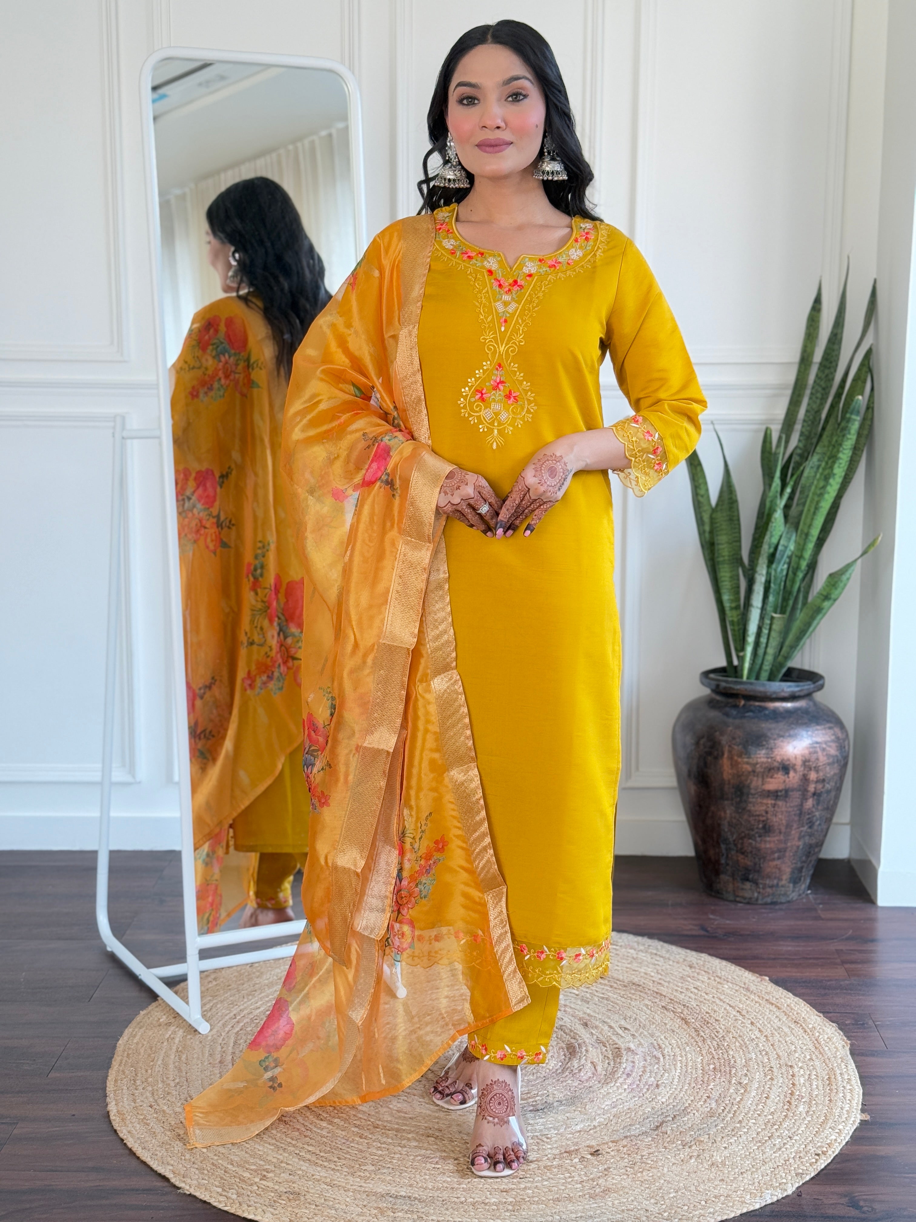 Mustard Viscose Chanderi Kurta Pant Set With Embroidery Work
