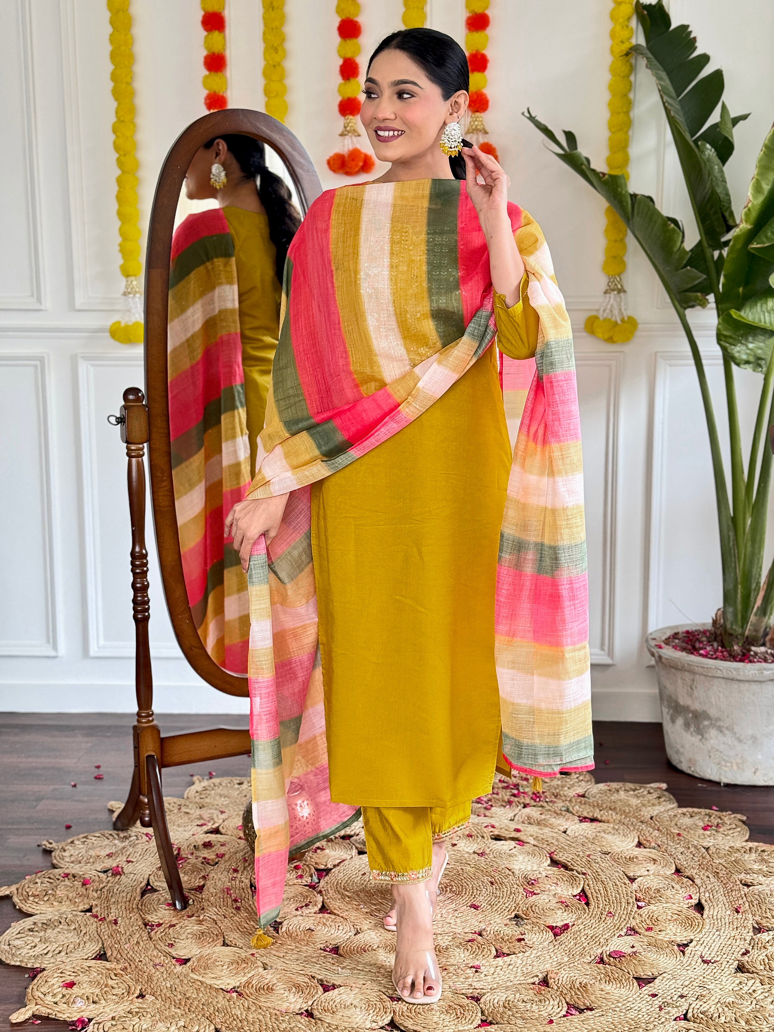 Mustard Viscose Chanderi Kurta Pant With Heavy Thread Embroidery