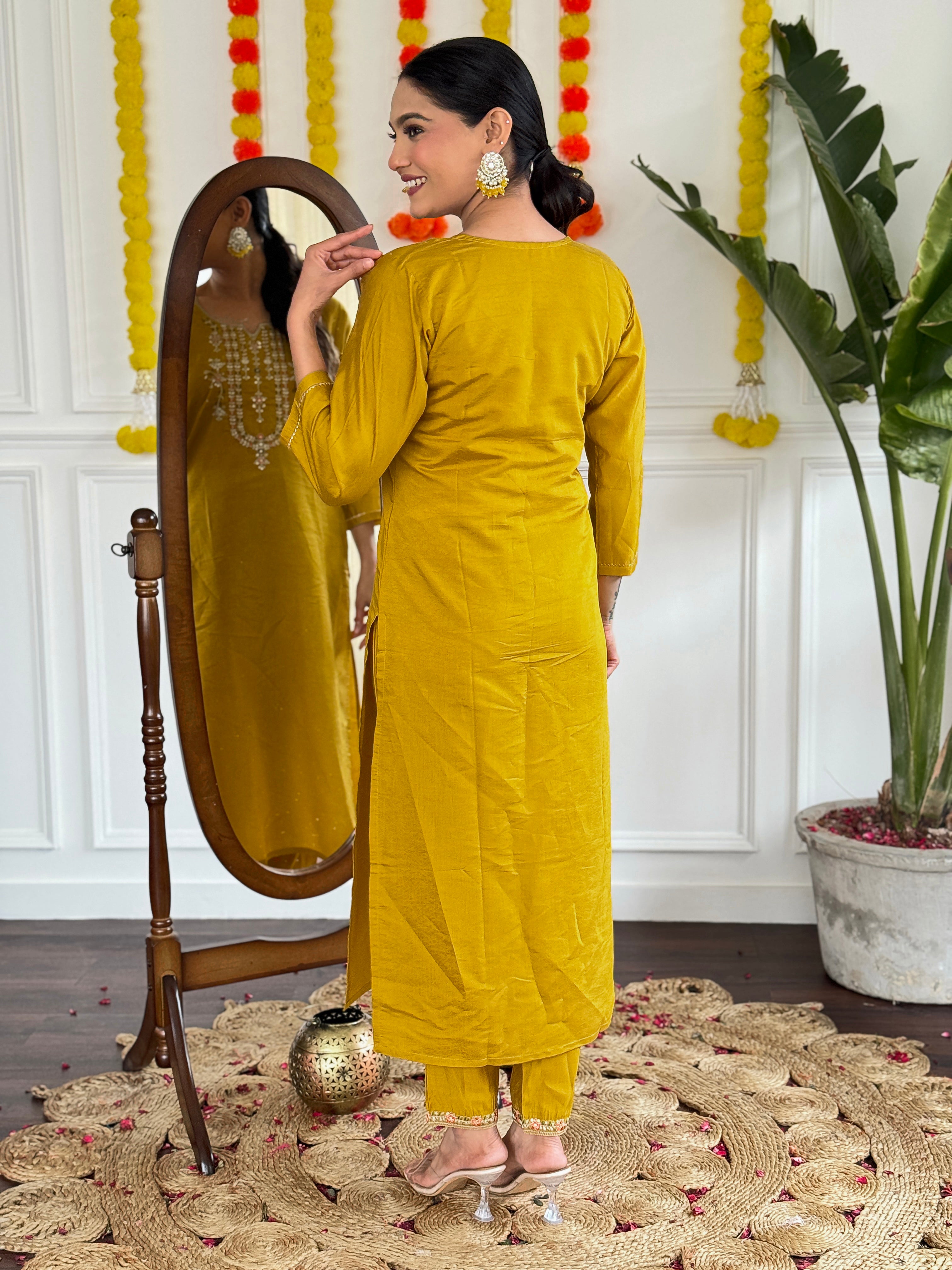 Mustard Viscose Chanderi Kurta Pant With Heavy Thread Embroidery