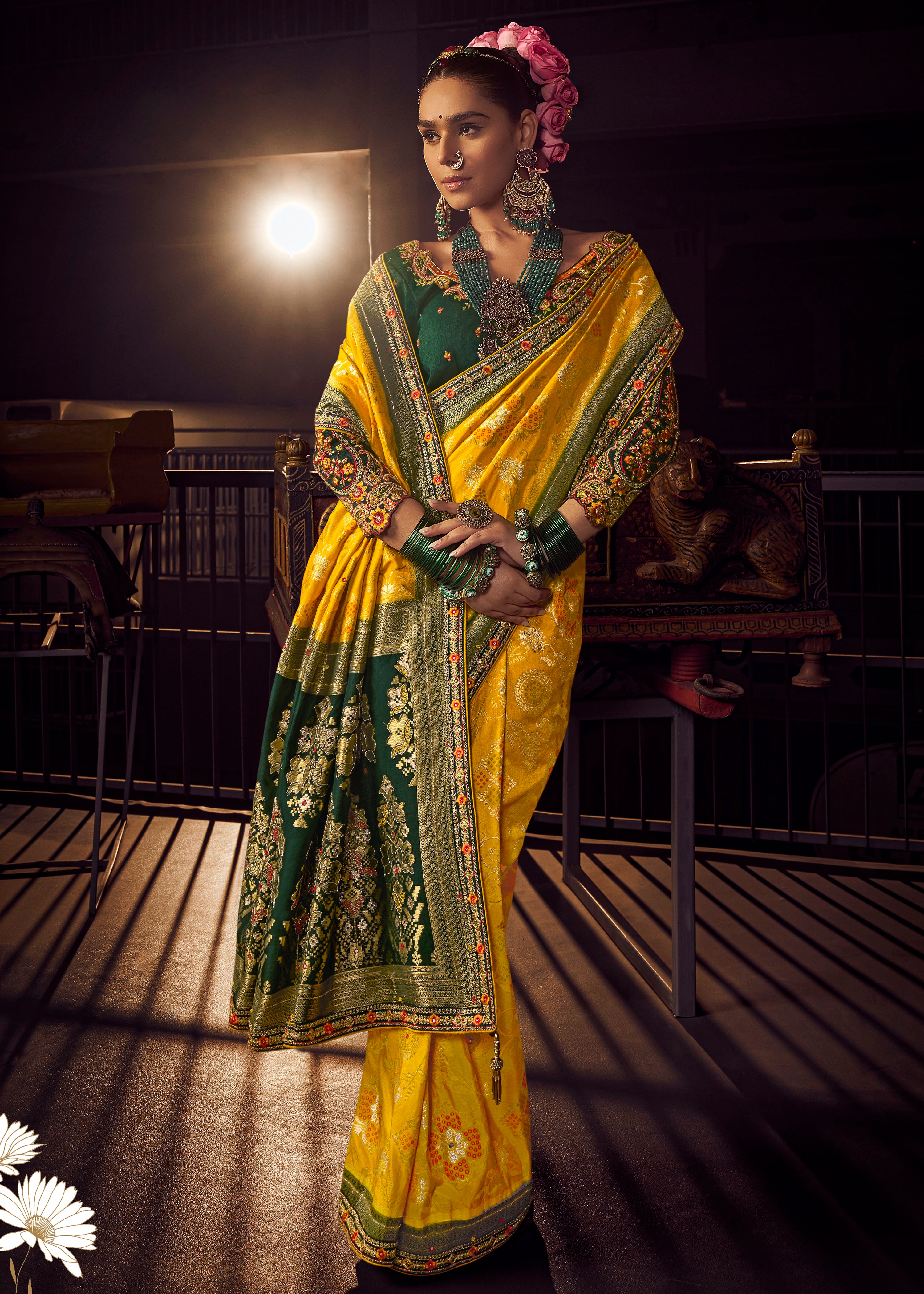 Mustard Viscose Dola Saree with Hand Work and Embroidered Blouse