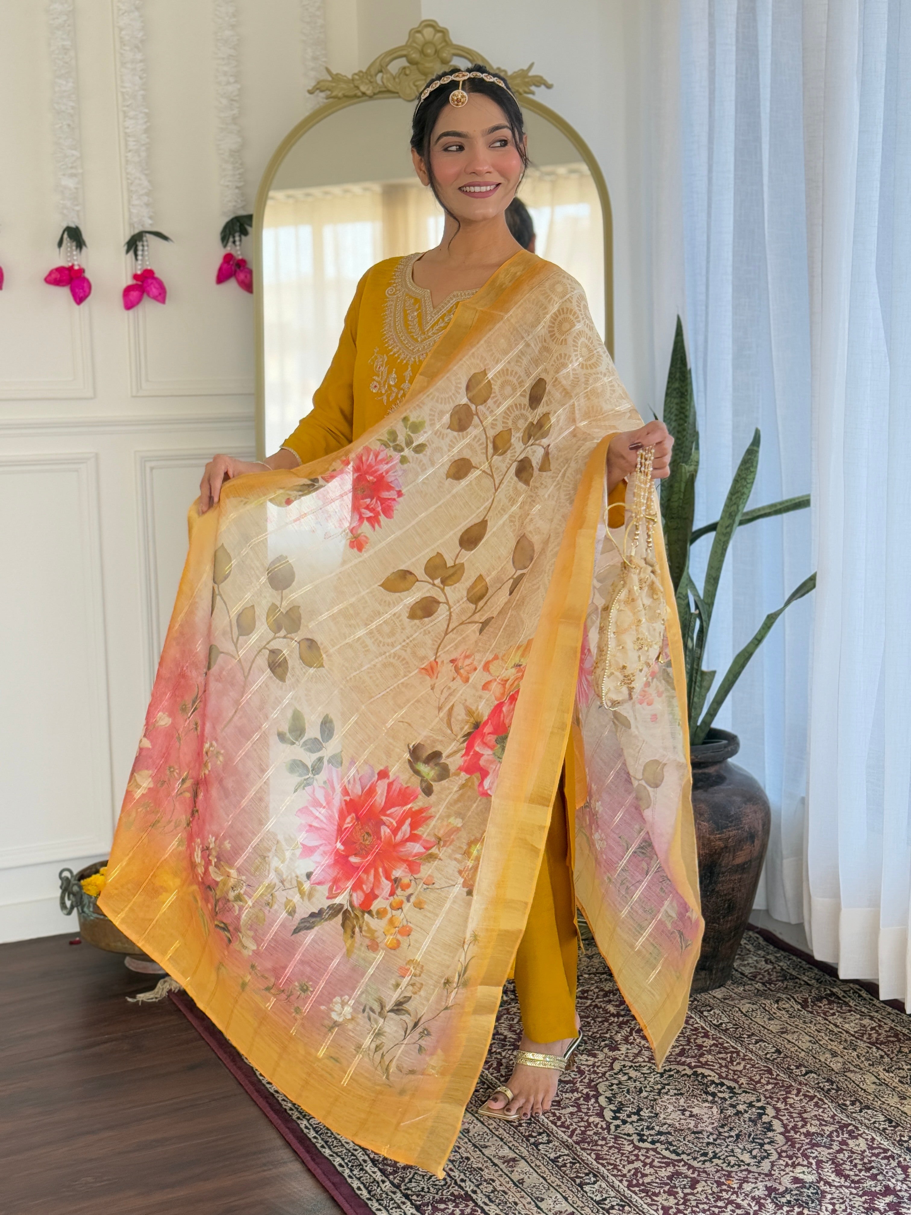 Mustard Viscose Elegant Kurta Pant Set With Embroidery Work