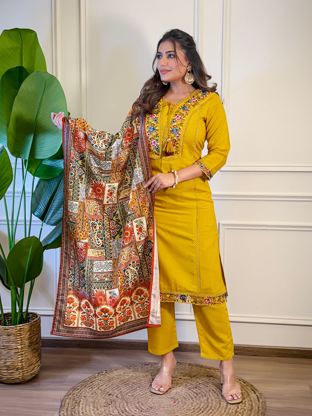 Mustard Viscose Elegant Kurta Pant Set With Embroidery Work
