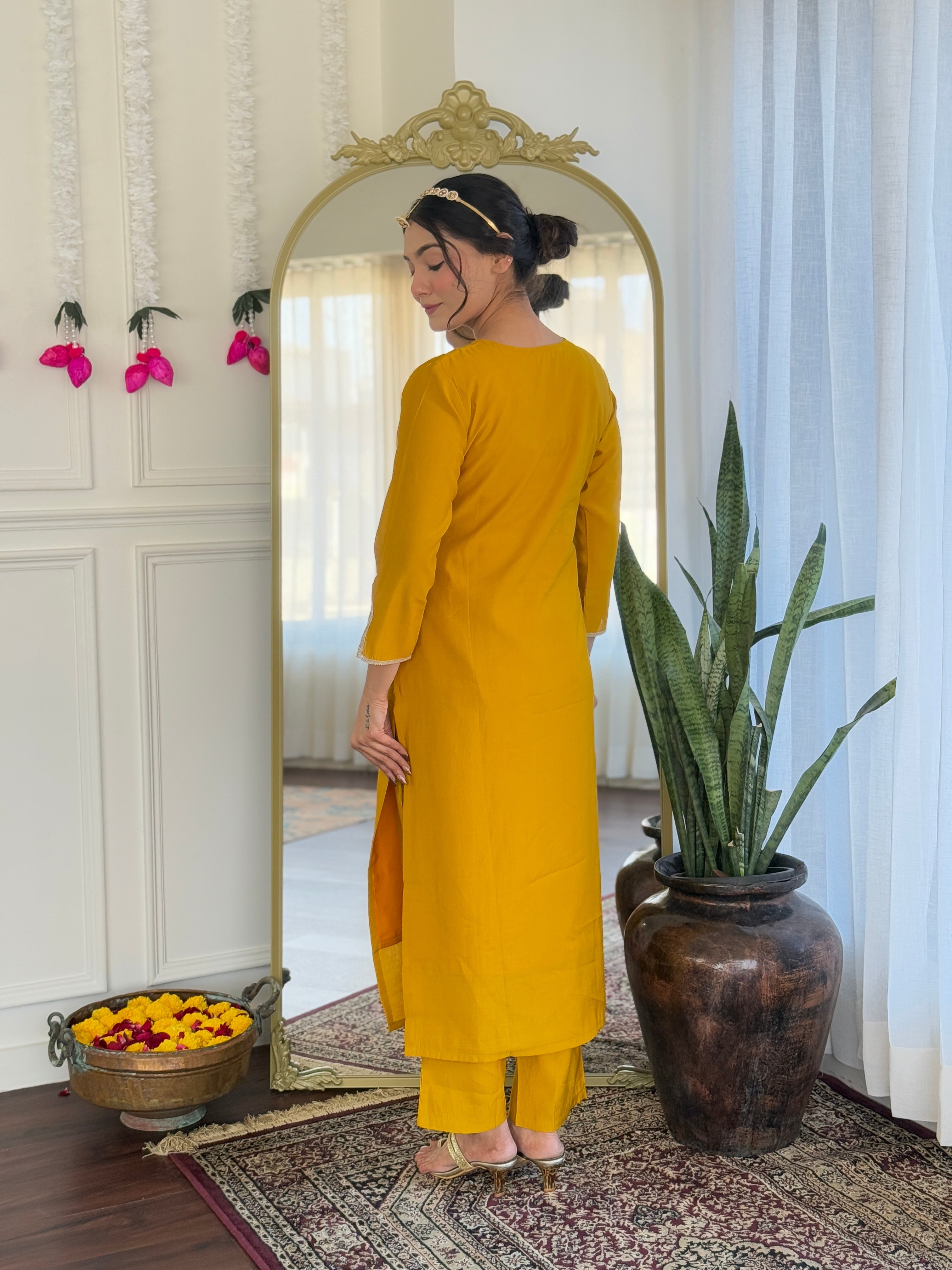 Mustard Viscose Elegant Kurta Pant Set With Embroidery Work