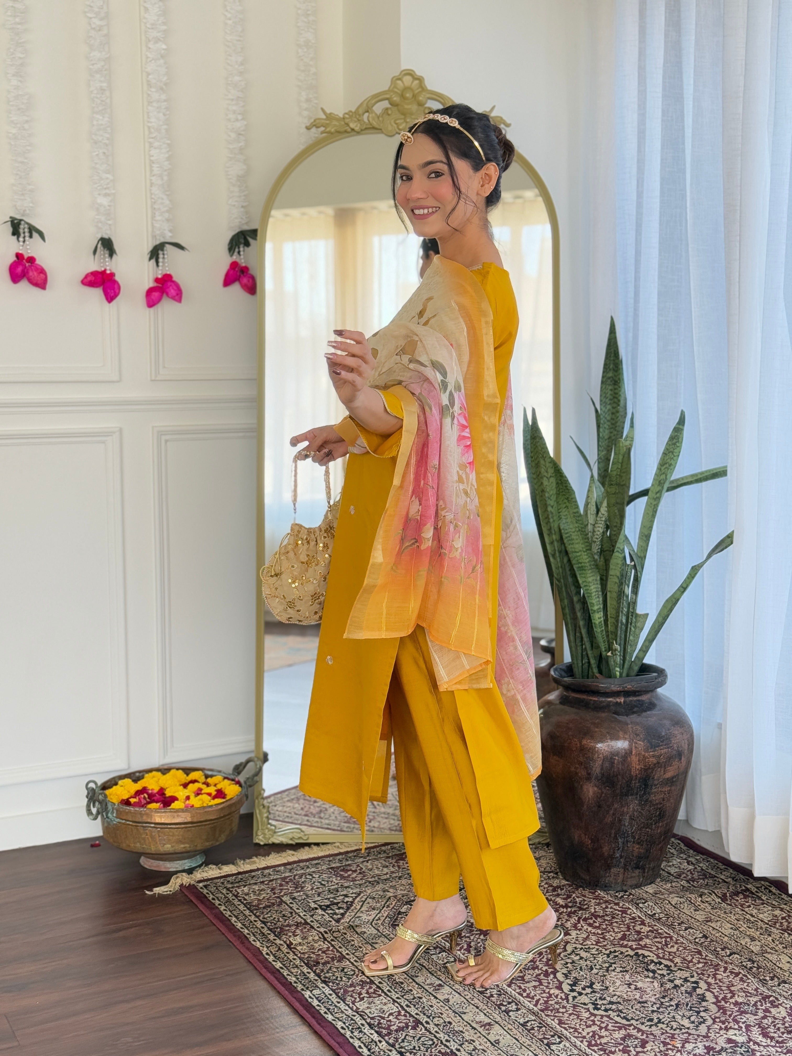 Mustard Viscose Elegant Kurta Pant Set With Embroidery Work