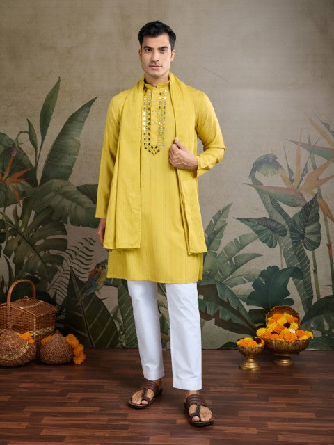Mustard Viscose Silk Woven & Mirror Embroidery Kurta with Dupatta