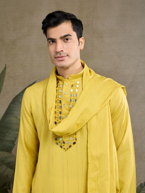 Mustard Viscose Silk Woven & Mirror Embroidery Kurta with Dupatta