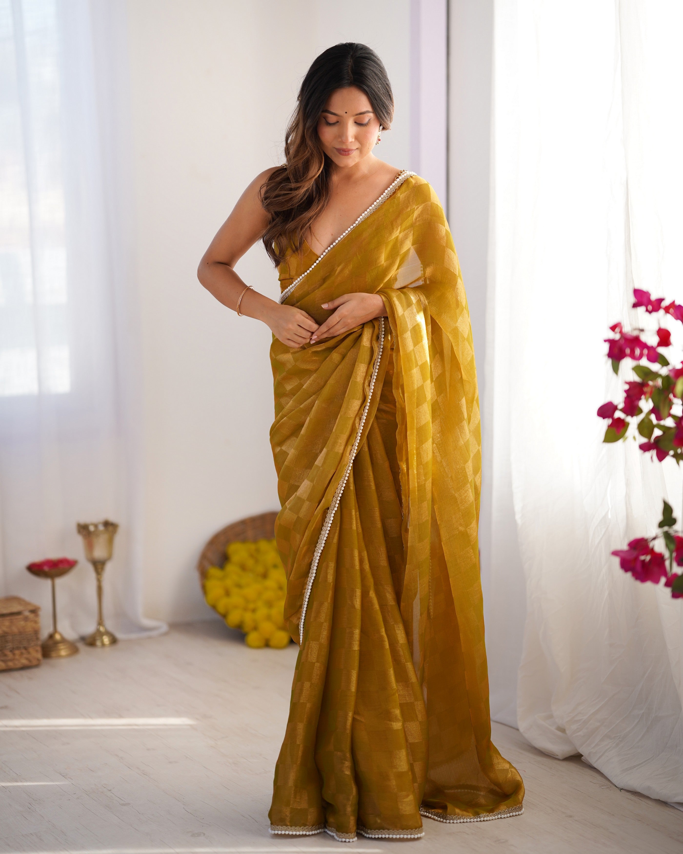 Mustard Woven Chiffon Ethnic Bollywood Party Saree