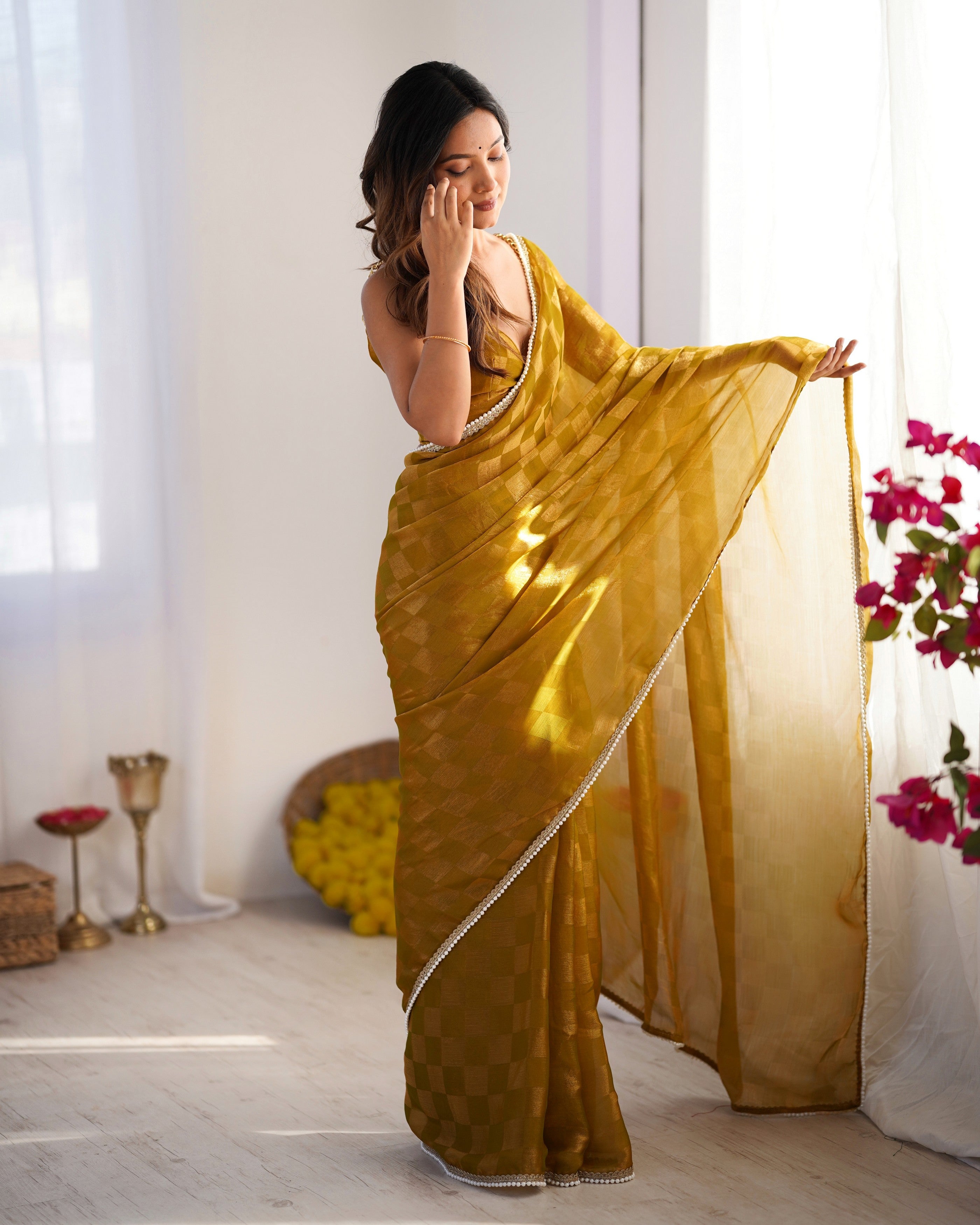 Mustard Woven Chiffon Ethnic Bollywood Party Saree