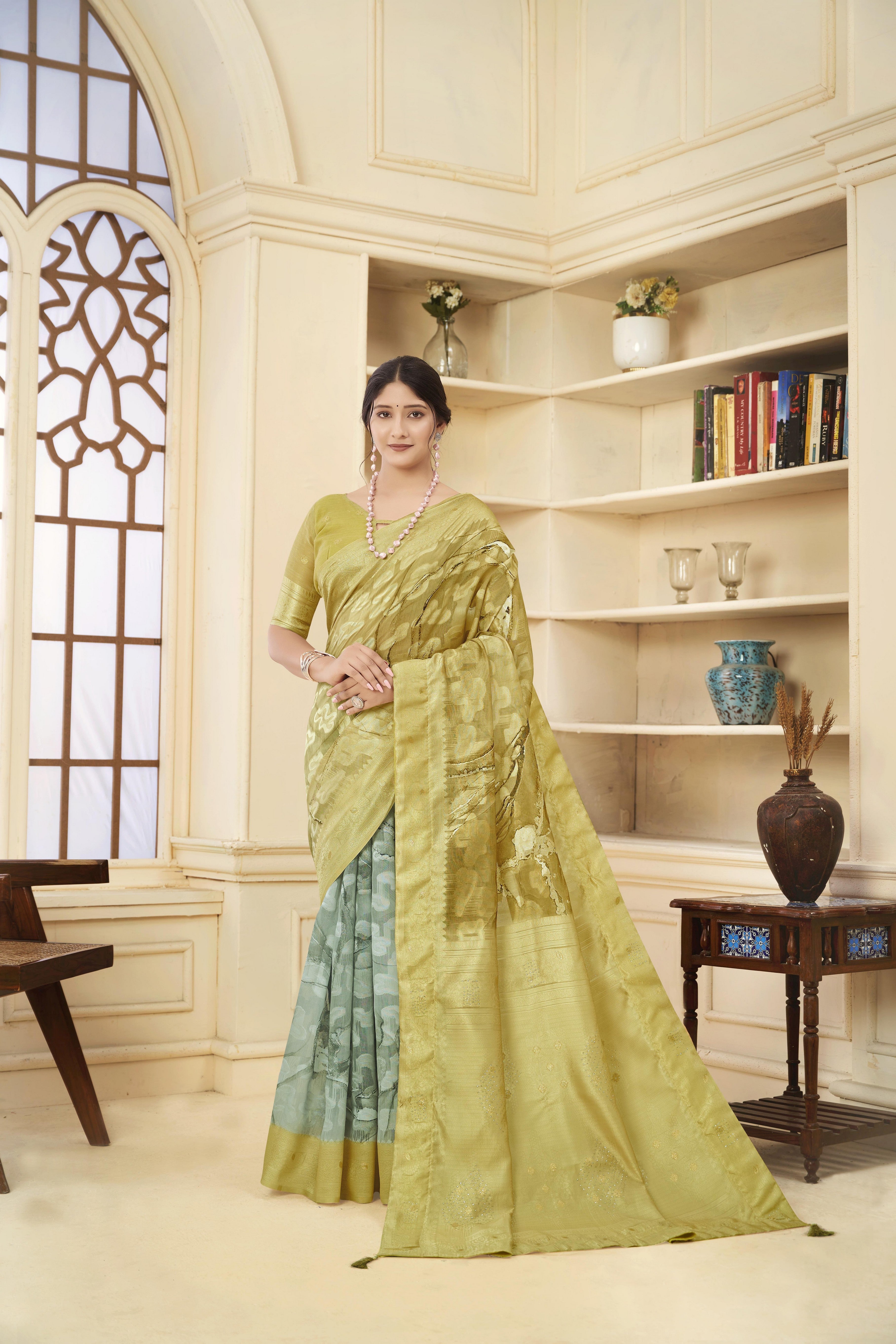 Mustard Woven Jacquard Designer With Printed Rich Silk Stylish Ceremonial Saree