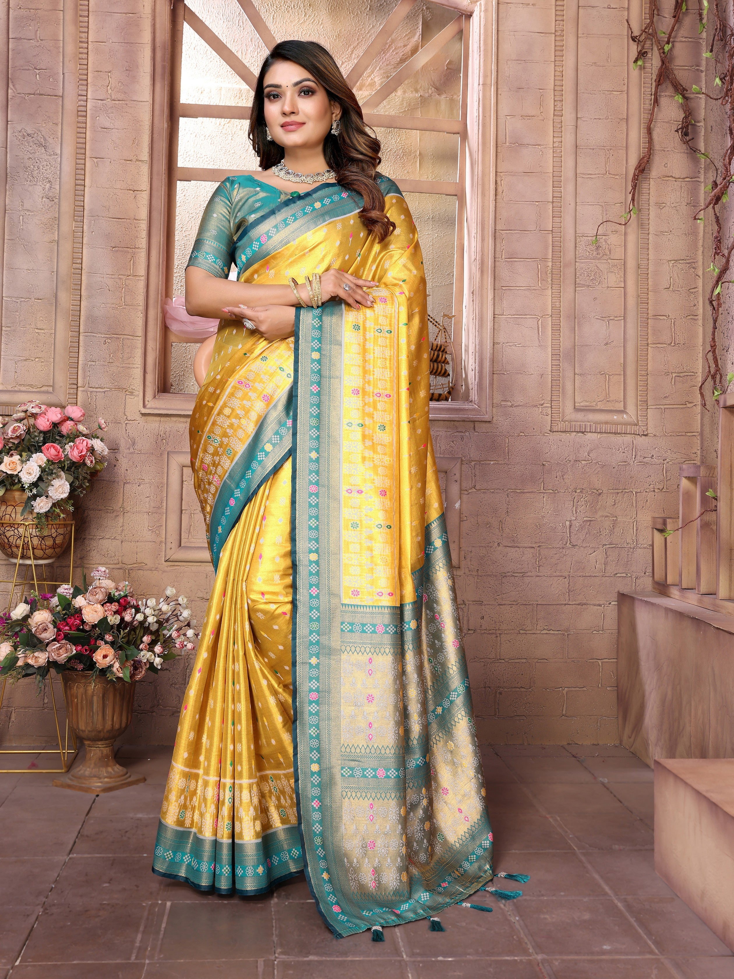 Mustard Woven Patola Designer Banarasi Tissue Silk Saree