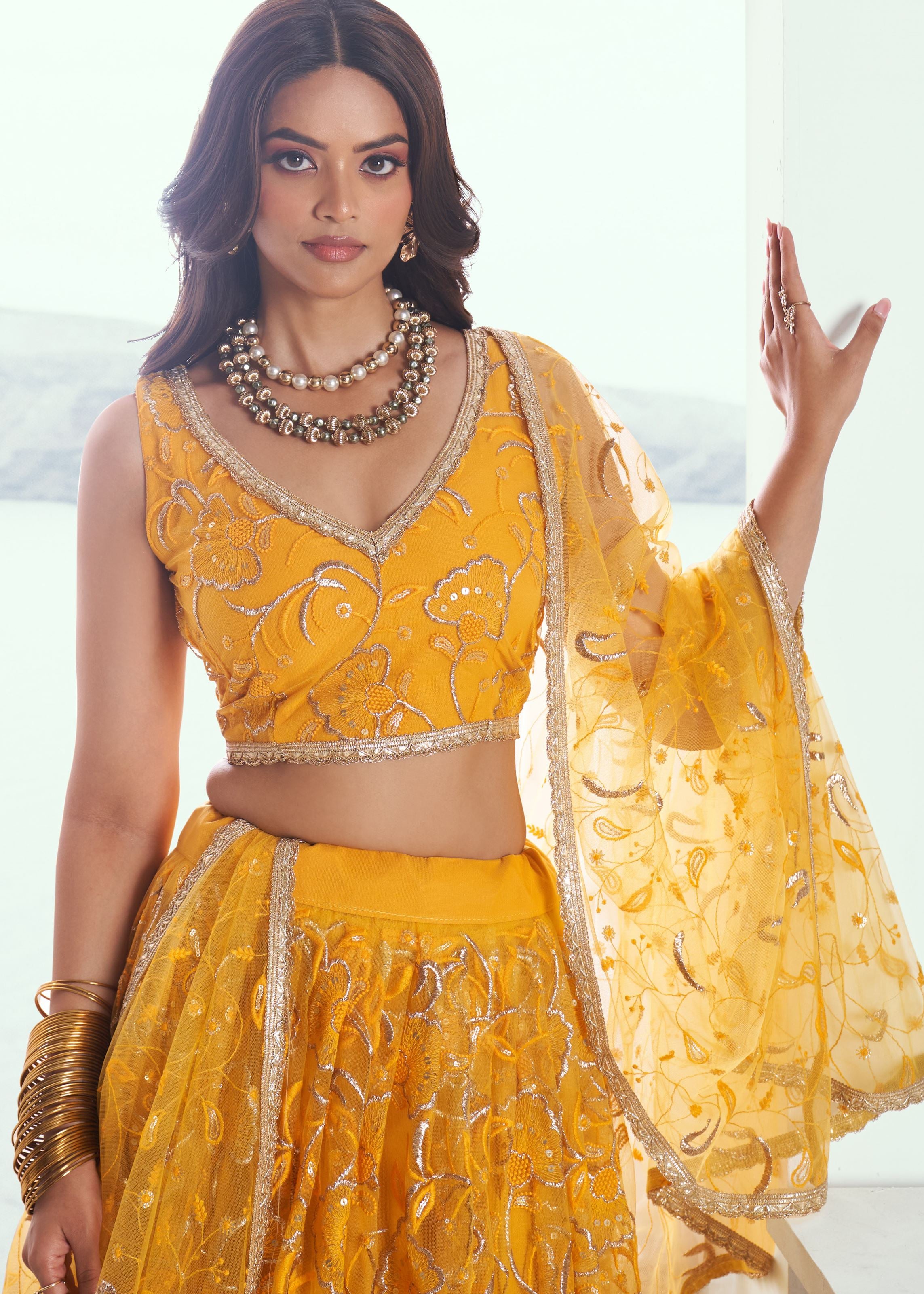 Mustard Yellow Lehenga with Heavy Thread Embroidery Sequins Work