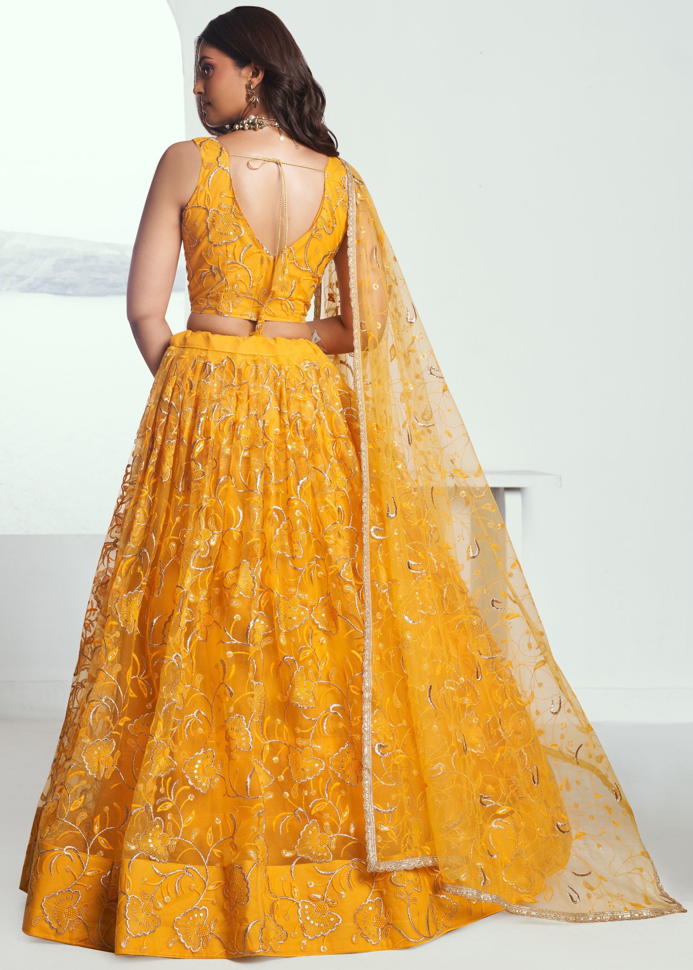 Mustard Yellow Lehenga with Heavy Thread Embroidery Sequins Work