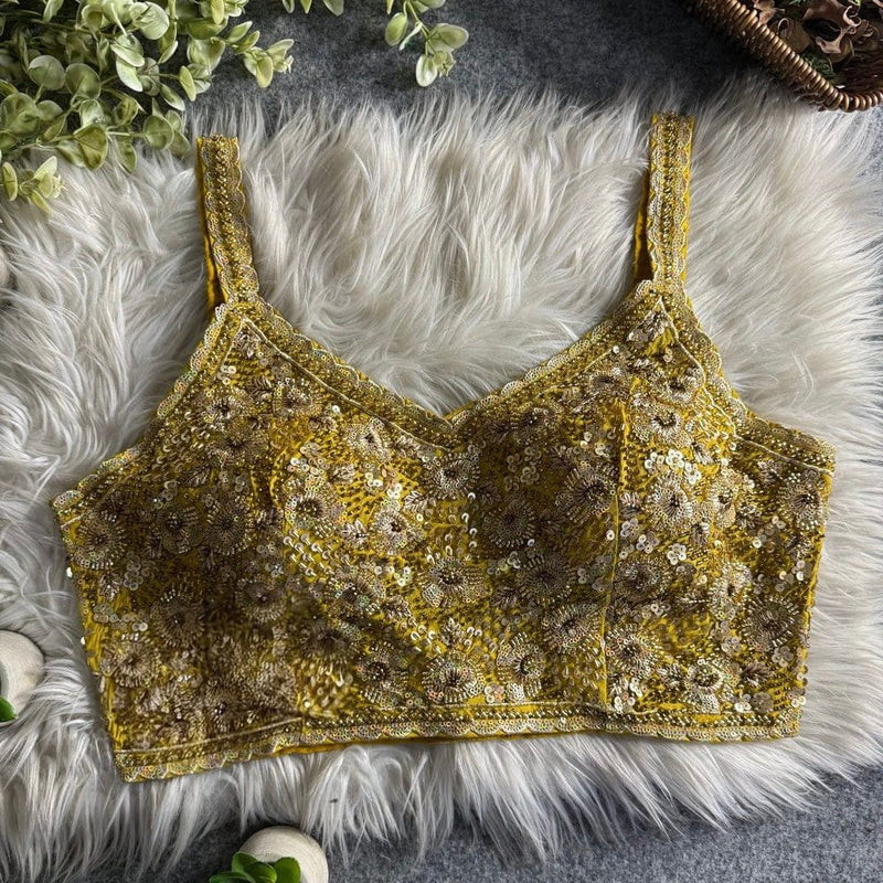 Mustard Yellow Luxe Heavy Beads Work Spaghetti Blouse Roman Silk Designer Partywear