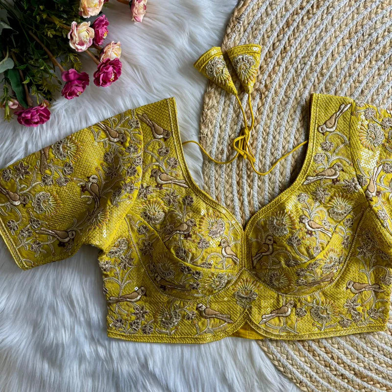 Mustard Yellow Luxury Bird Motif Bridal Blouse Roman Silk Designer Wedding Wear