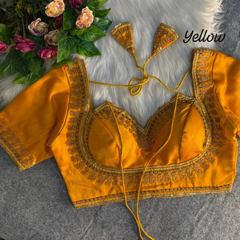 Mustard Yellow Royal Beads Work Bridal Blouse Italian Silk Designer Couture Wear