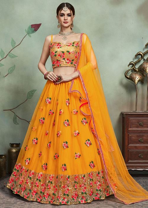 Mustard Yellow Sequins Net Bridal Lehenga Choli