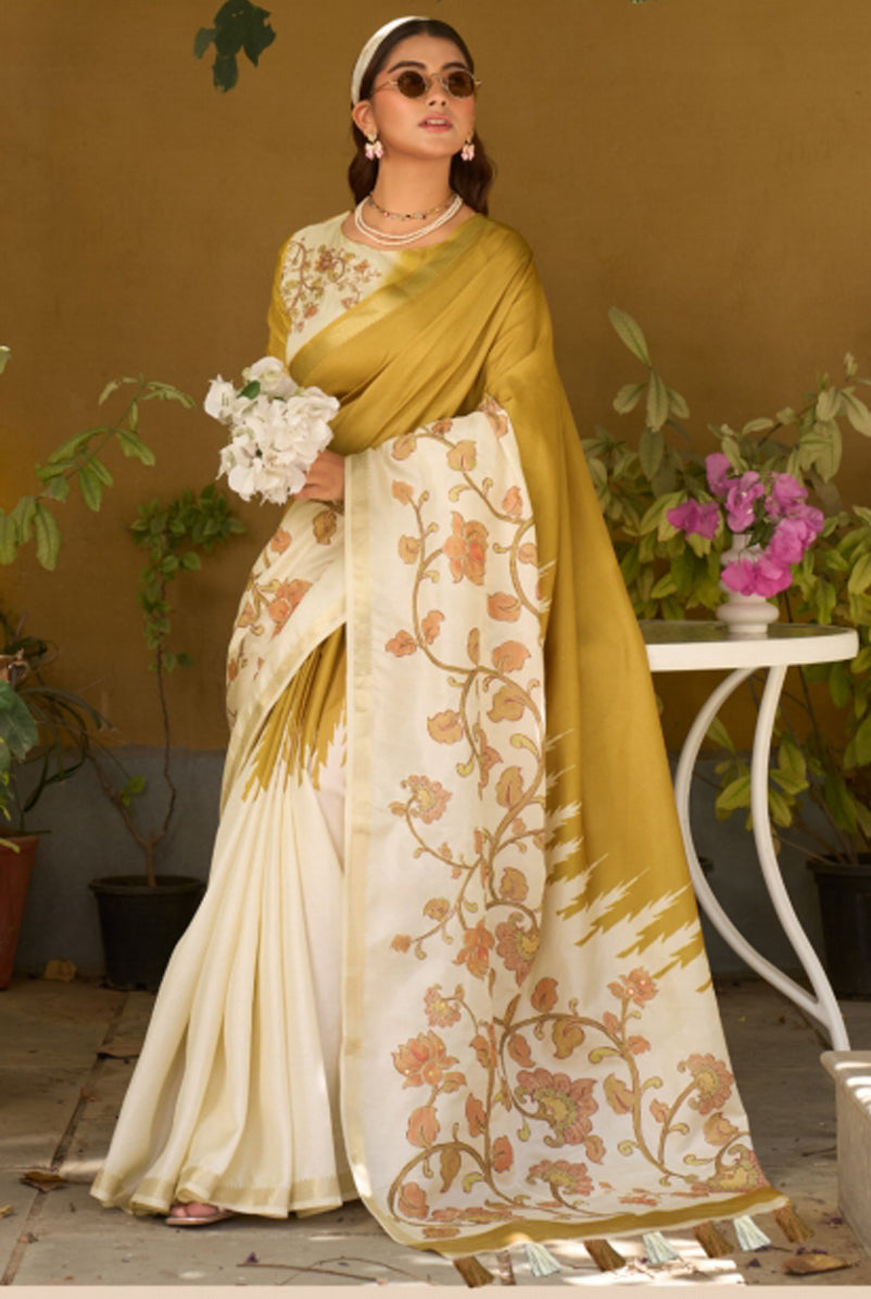 Mustard & Cream Saree With Print