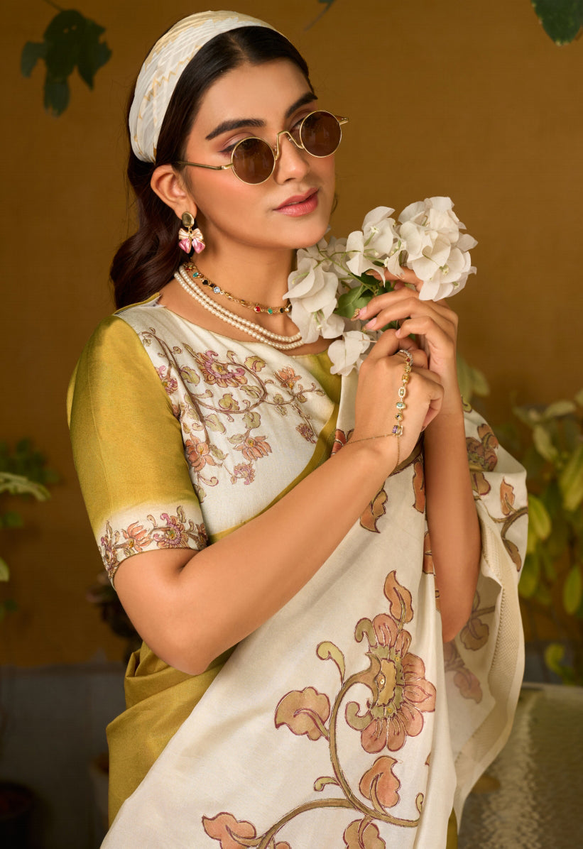 Mustard & Cream Saree With Print