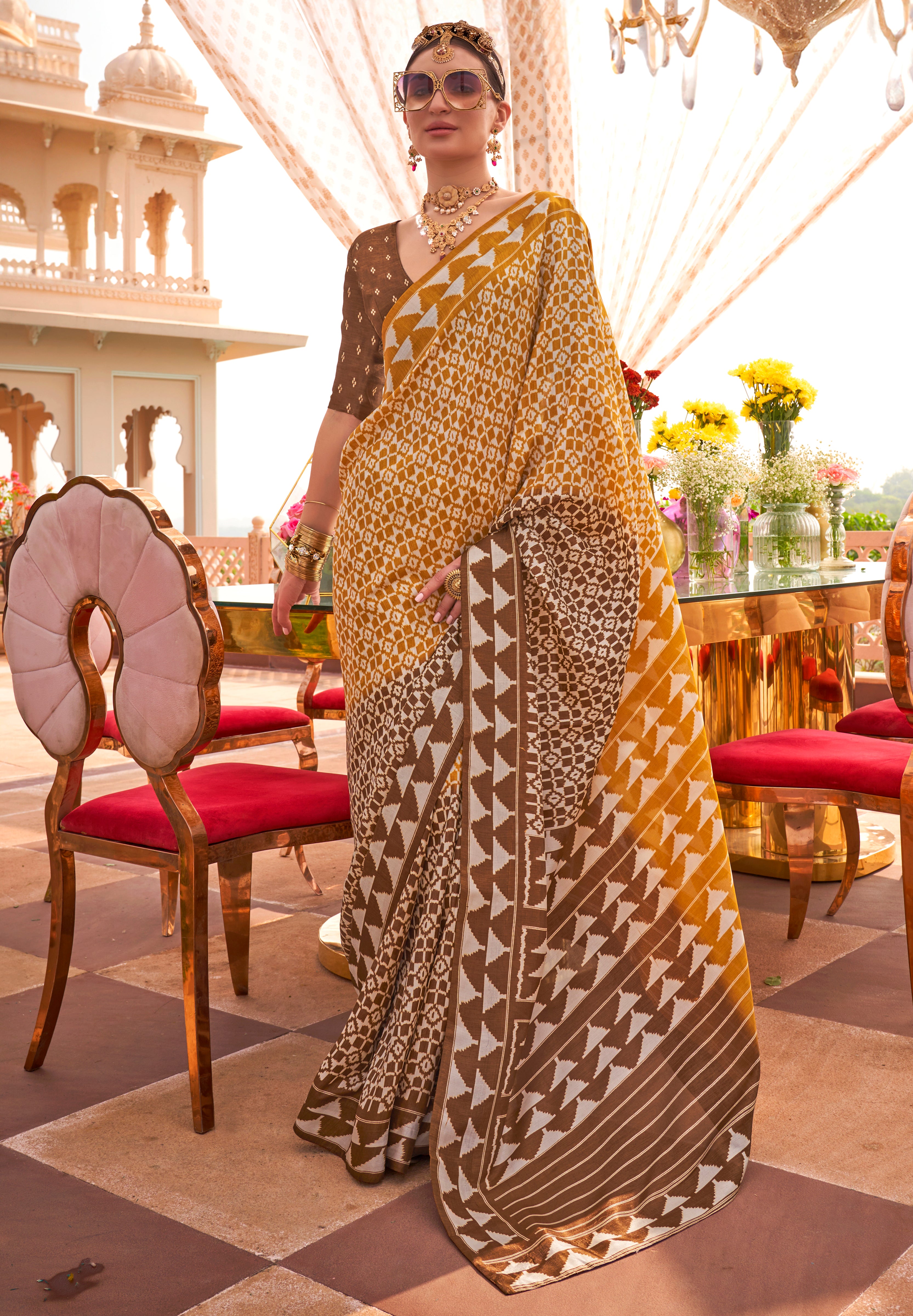 Mustard and Brown Silk Saree With Patola Print