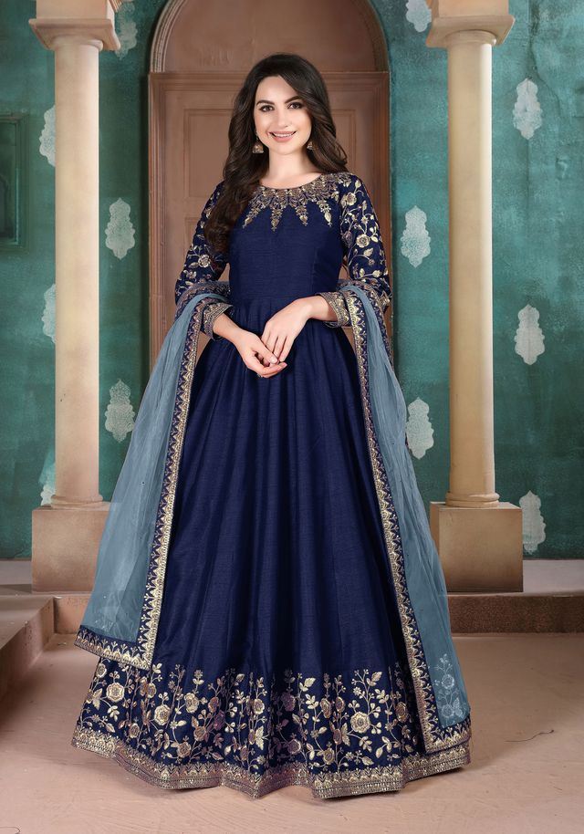 Navy Blue Adda Silk Heavy Embroidery with Embroidered bordered Border Dupatta Anarkali Suits