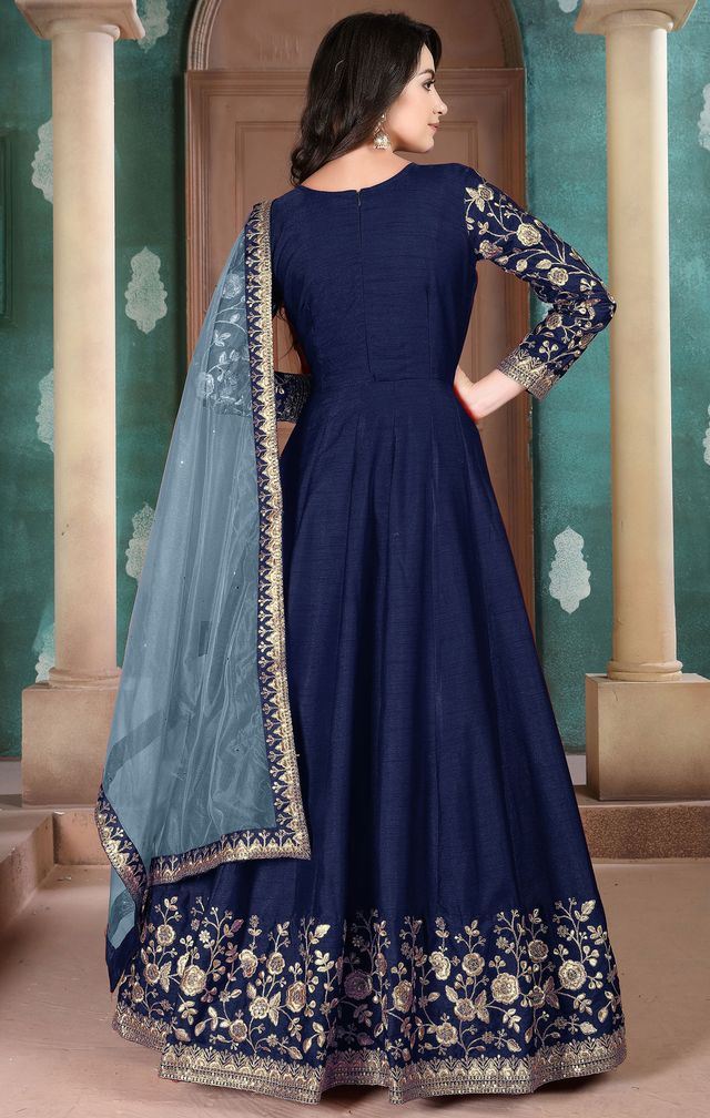 Navy Blue Adda Silk Heavy Embroidery with Embroidered bordered Border Dupatta Anarkali Suits