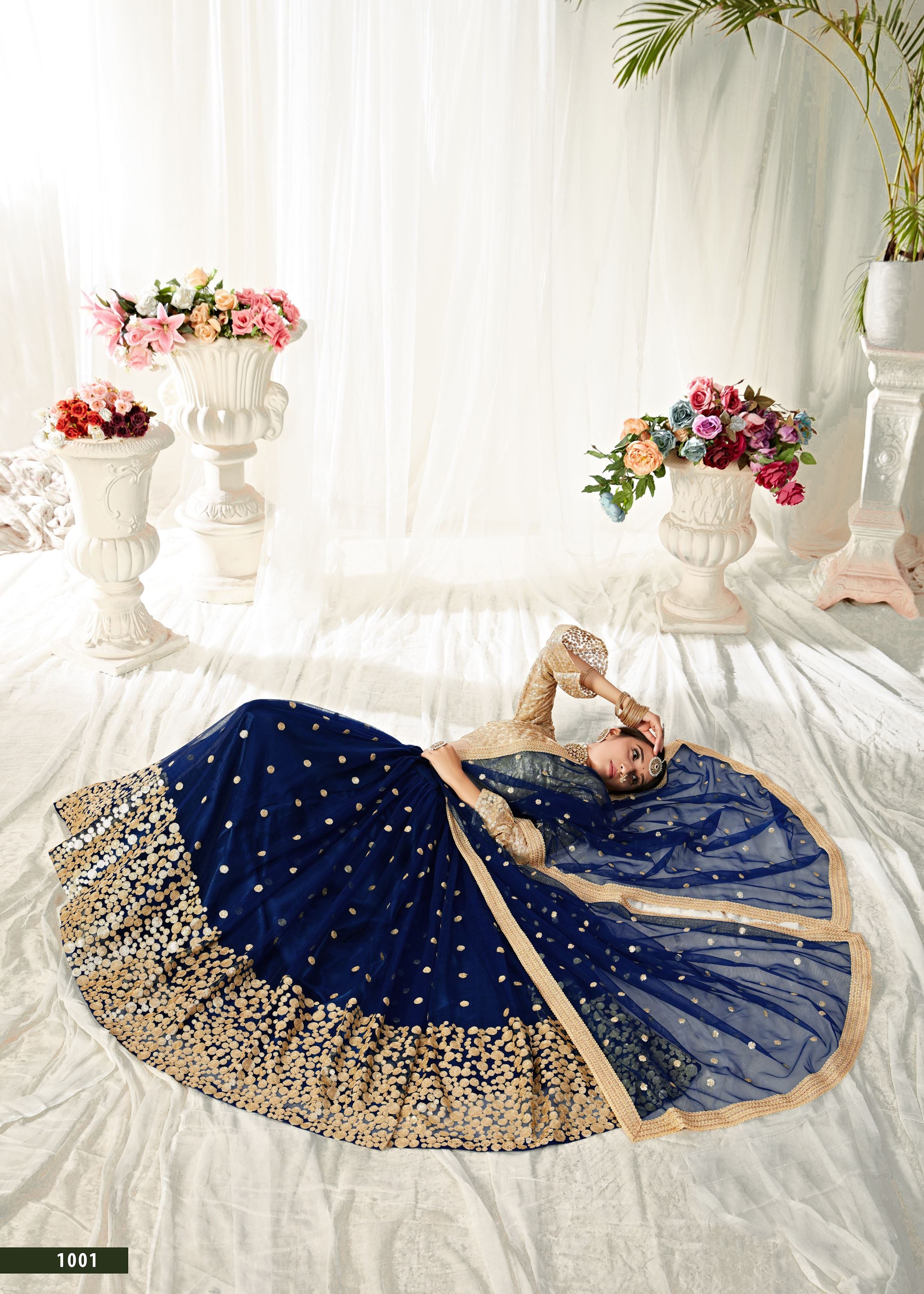 Navy Blue And Golden Lehenga Choli With Sequins And Thread Embroidered Work