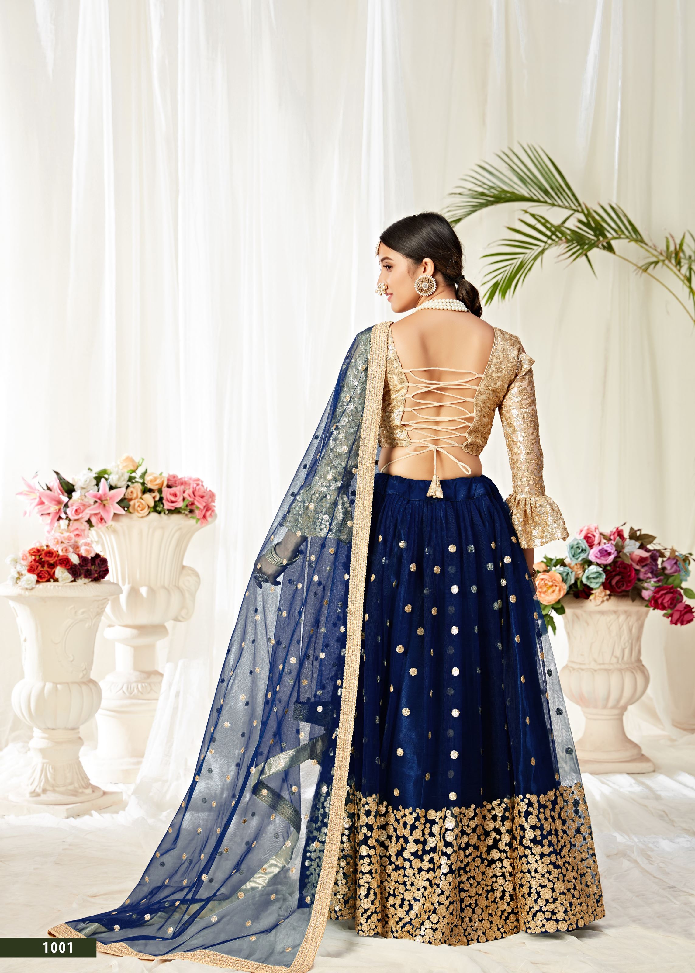 Navy Blue And Golden Lehenga Choli With Sequins And Thread Embroidered Work