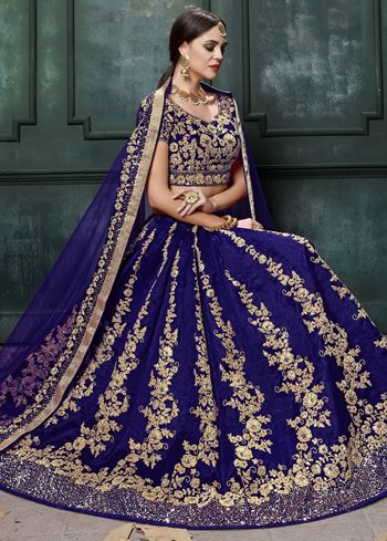 Navy Blue Applique Embroidery Silk Wedding Lehenga Choli