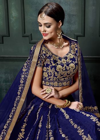 Navy Blue Applique Embroidery Silk Wedding Lehenga Choli