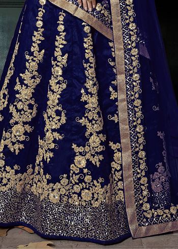 Navy Blue Applique Embroidery Silk Wedding Lehenga Choli