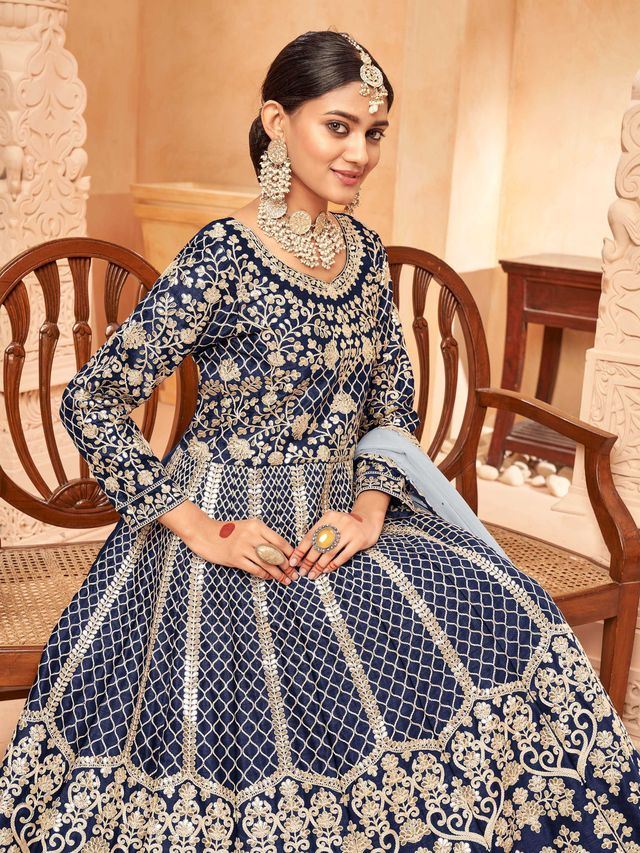 Navy Blue Art Silk Heavy Thread Embroidery with Zari Work Anarkali Suits