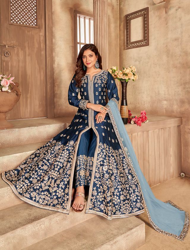 Navy Blue Art Silk Thread Embroidery, Zari With Mirror Work Anarkali Suits