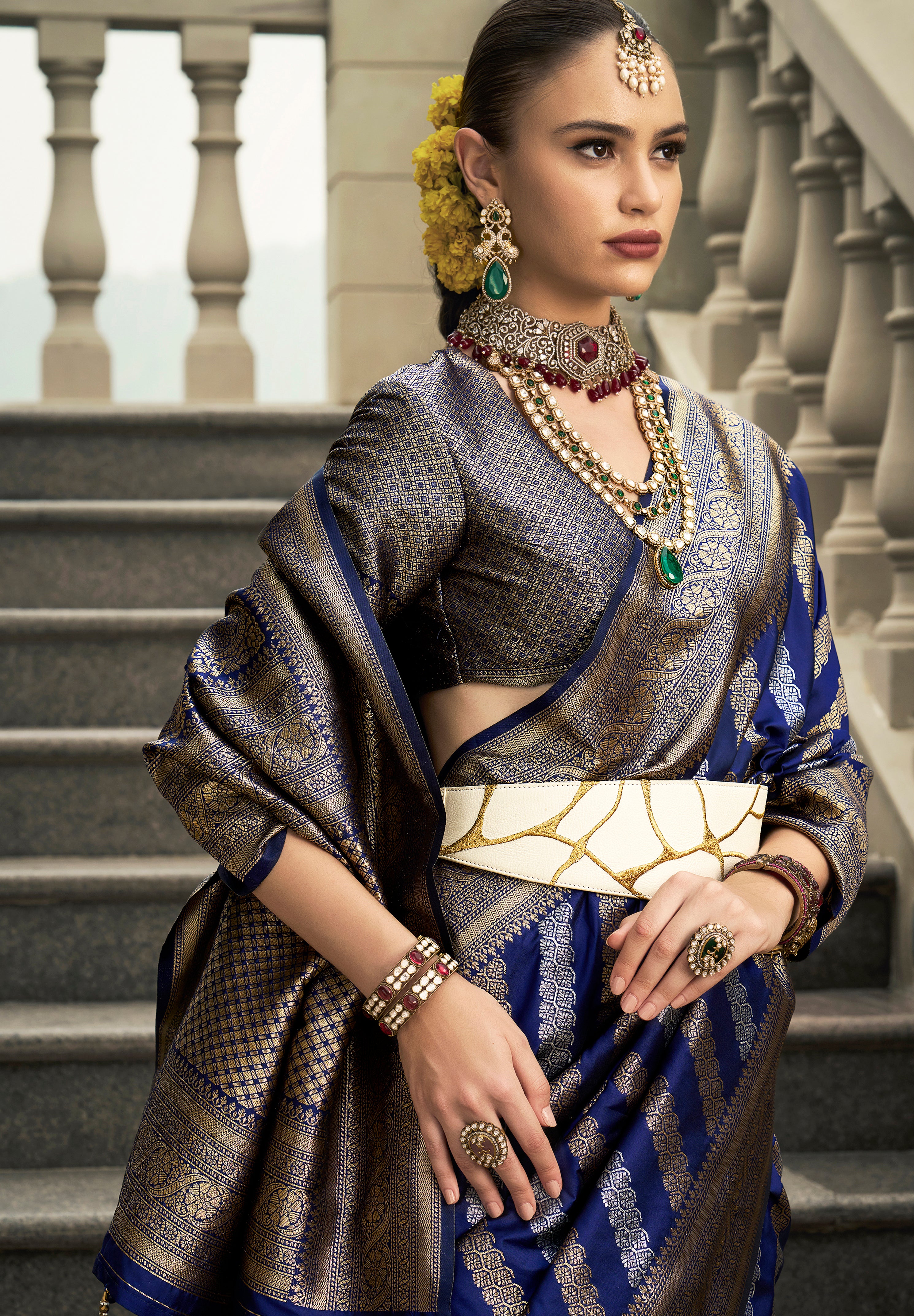 Navy Blue Banarasi Silk Saree With Jacquard Woven Work