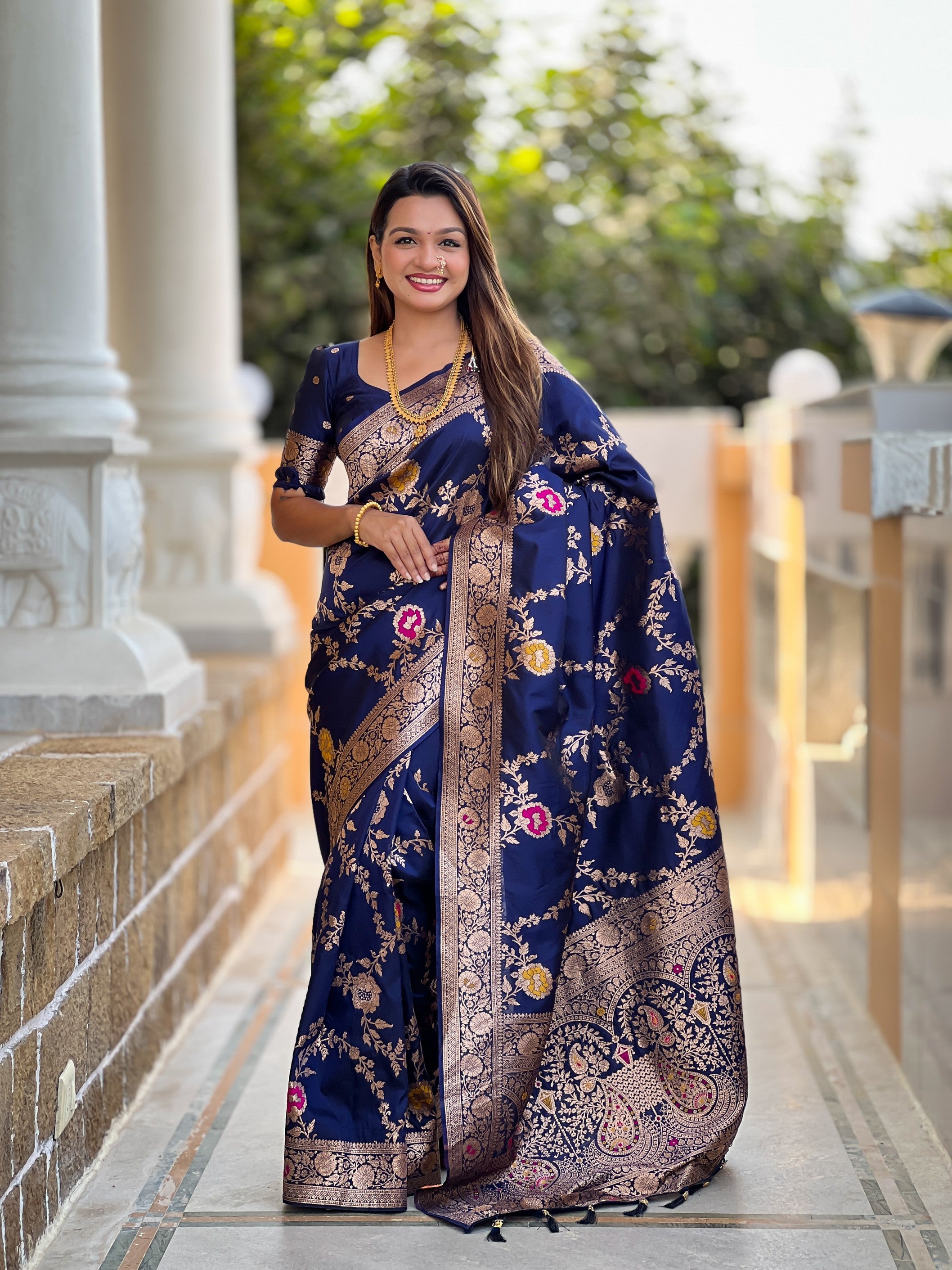 Navy Blue Banarasi Silk Saree With Traditional Woven Meenakari Designer Traditional Looks
