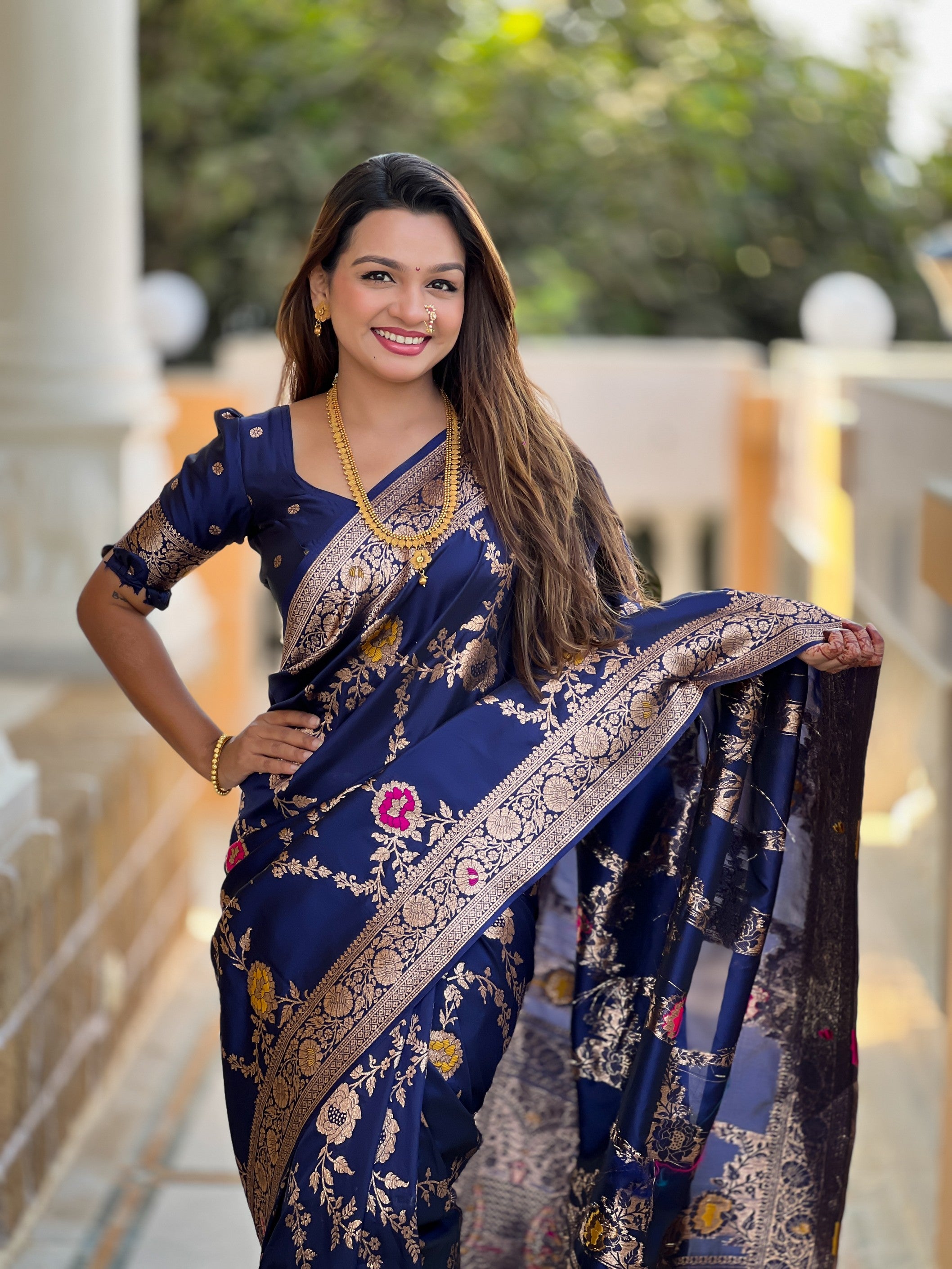 Navy Blue Banarasi Silk Saree With Traditional Woven Meenakari Designer Traditional Looks