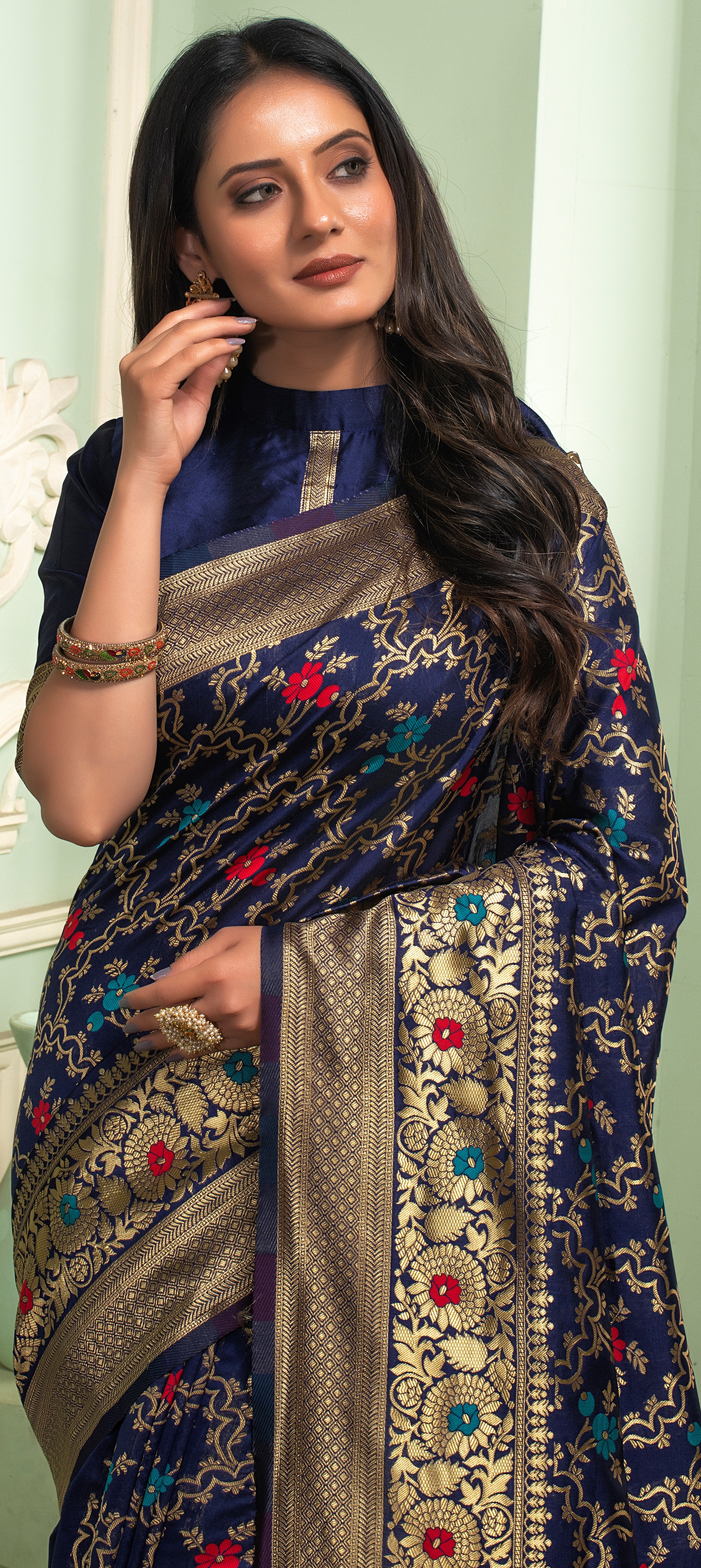 Navy Blue Banarasi Silk Saree with Jacquard Woven Work