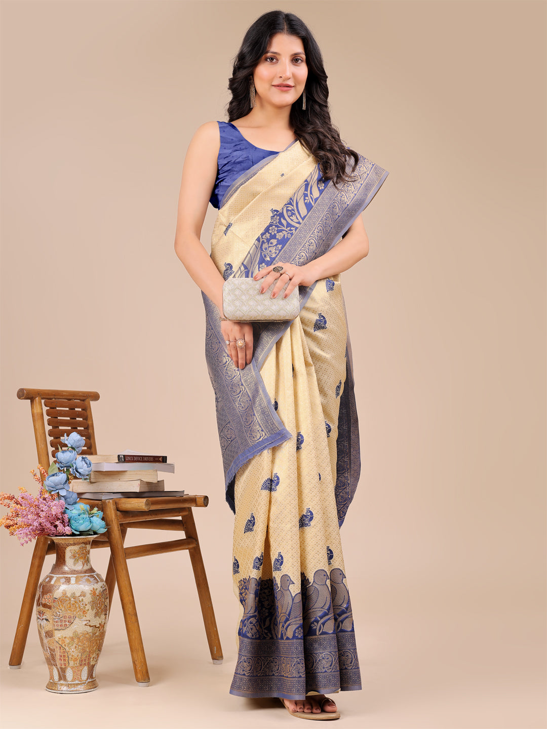 Navy Blue Banarasi Silk Woven Jacquard Designer Graceful Ceremonial Saree