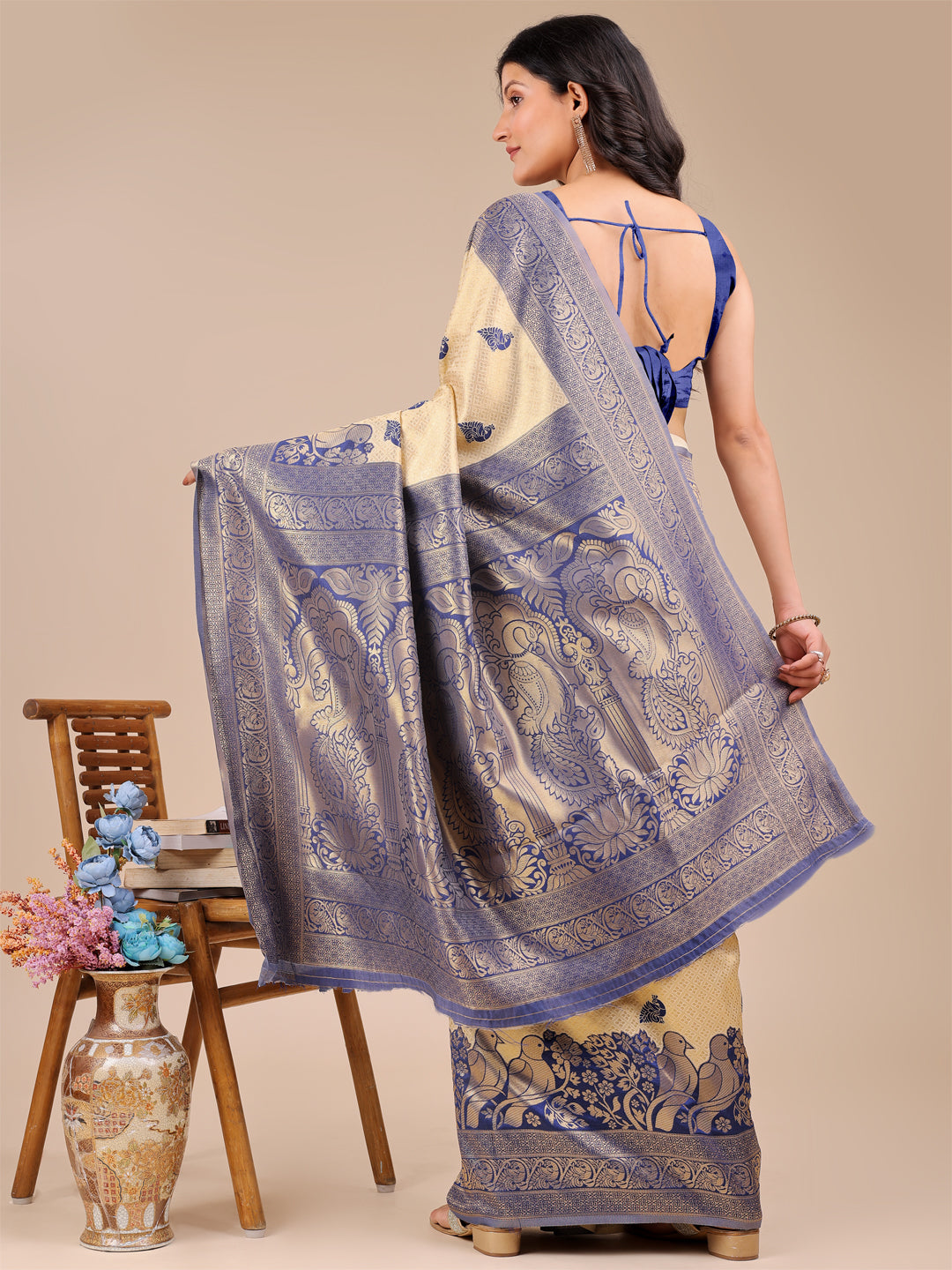 Navy Blue Banarasi Silk Woven Jacquard Designer Graceful Ceremonial Saree