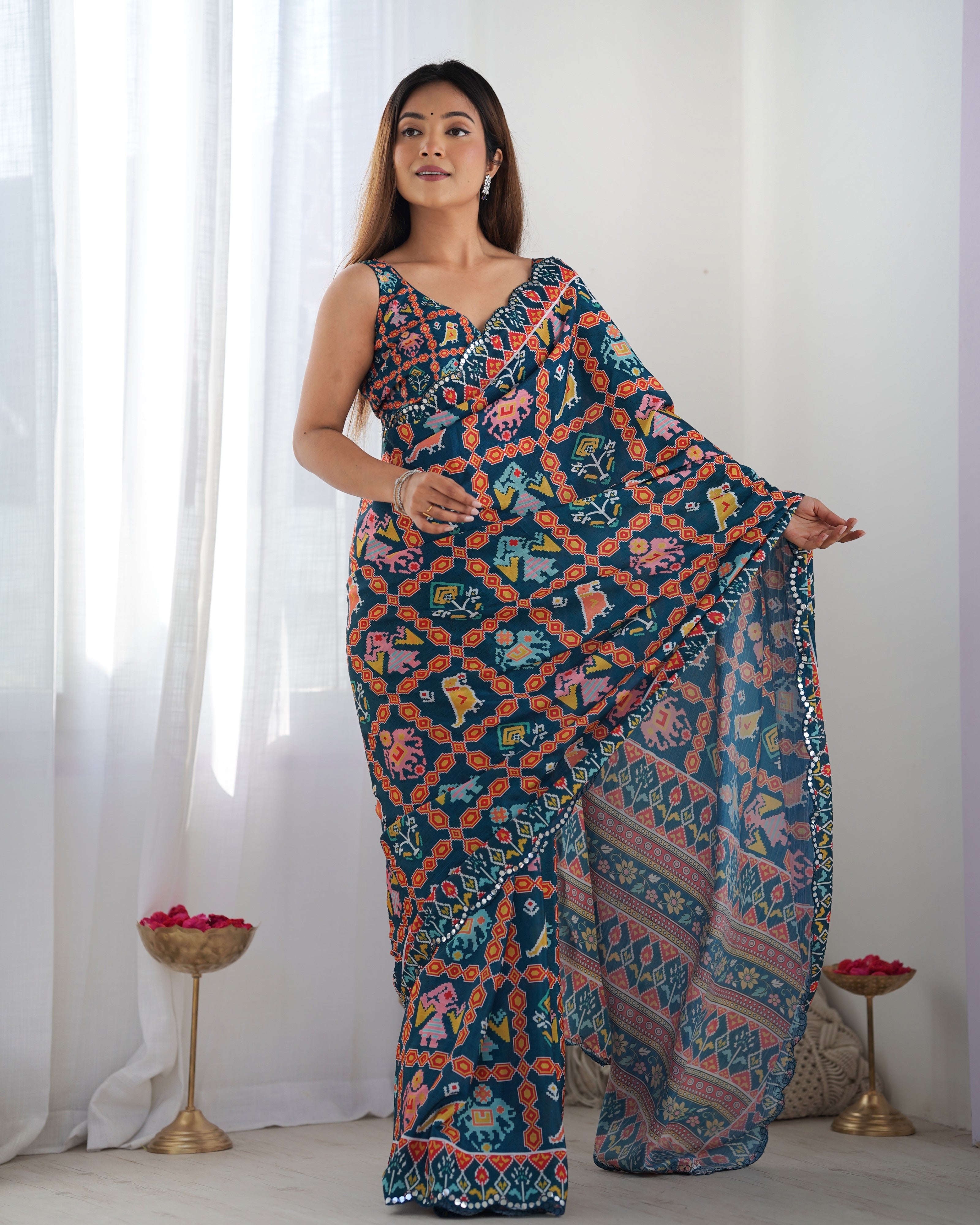 Navy Blue Beautiful Chinon Fabric Digital Printed Saree With Mirror Cut Work