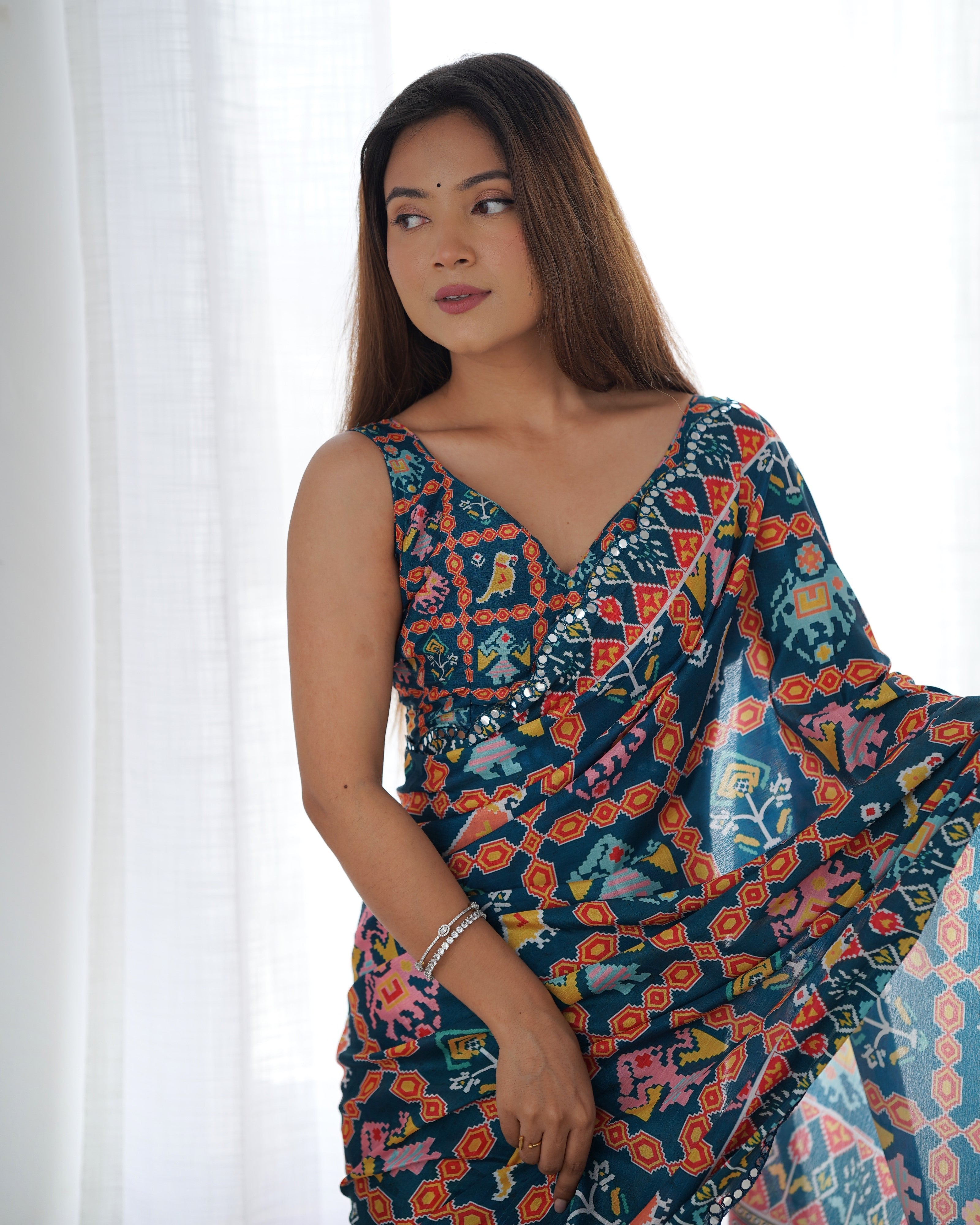 Navy Blue Beautiful Chinon Fabric Digital Printed Saree With Mirror Cut Work