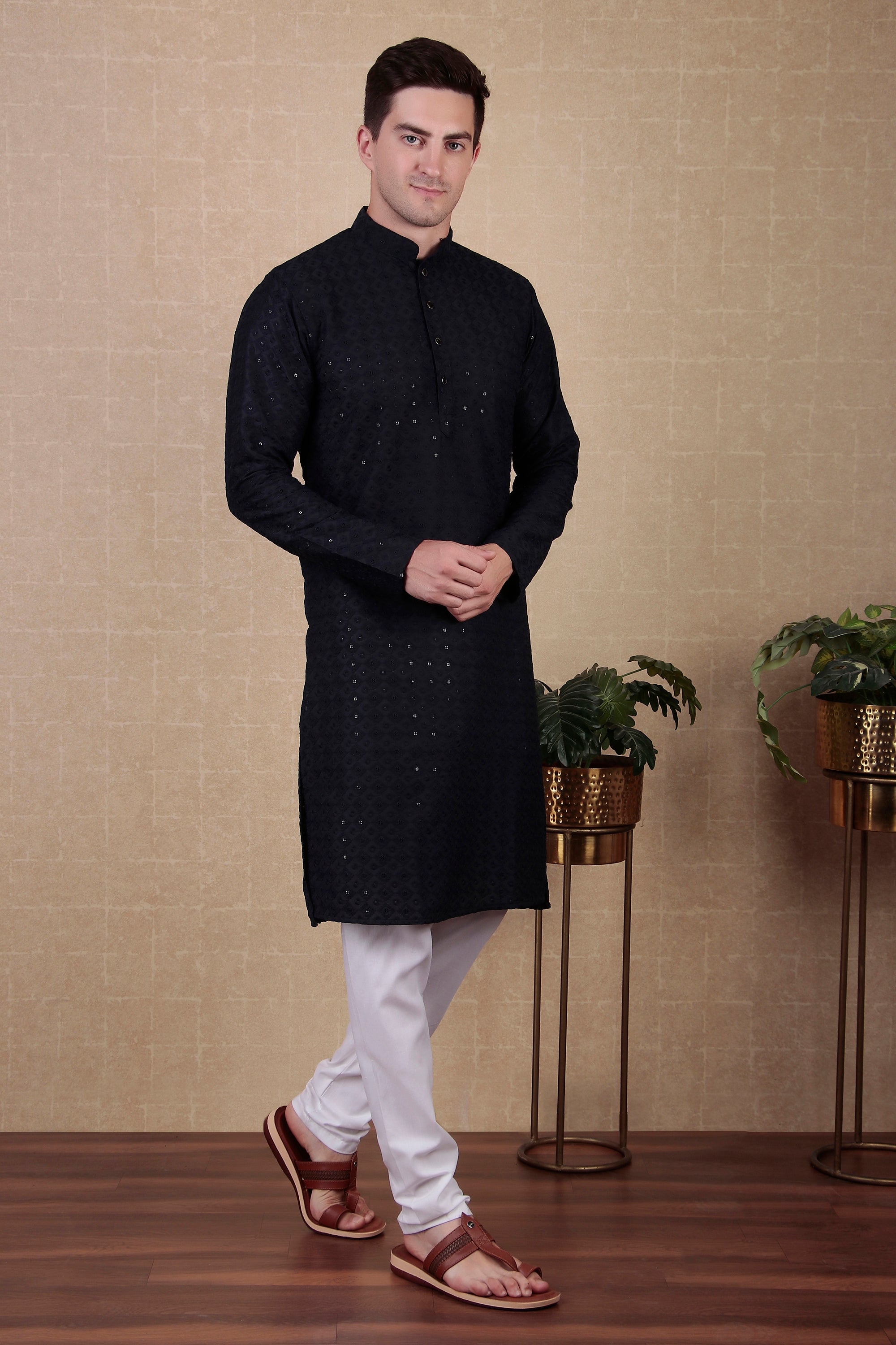 Navy Blue Bollywood Style Kurta Payjama Set with Sequins – Elegant Party Ensemble